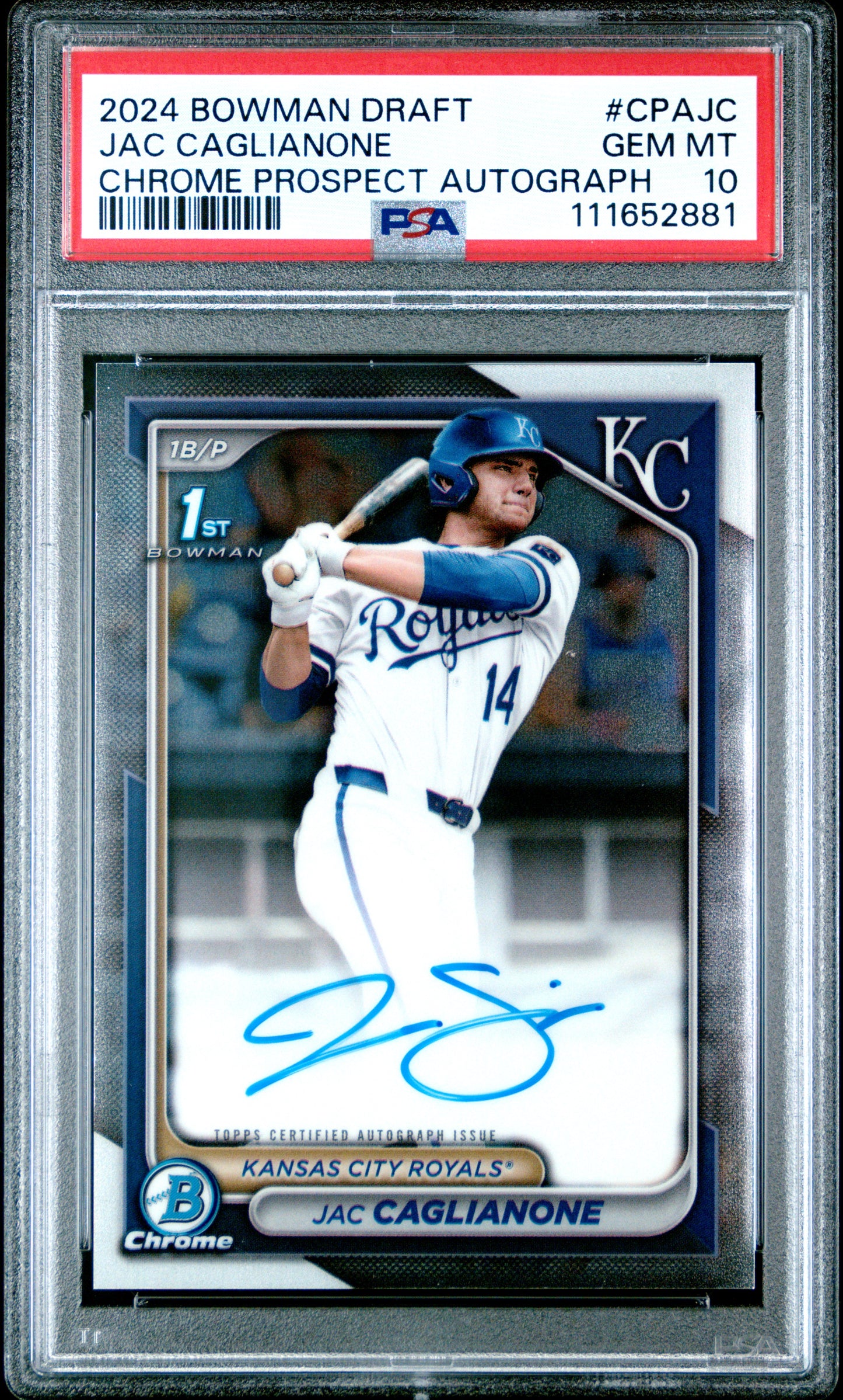 2024 Bowman Draft Chrome Prospect Autographs Jac Caglianone #CPAJC PSA 10
