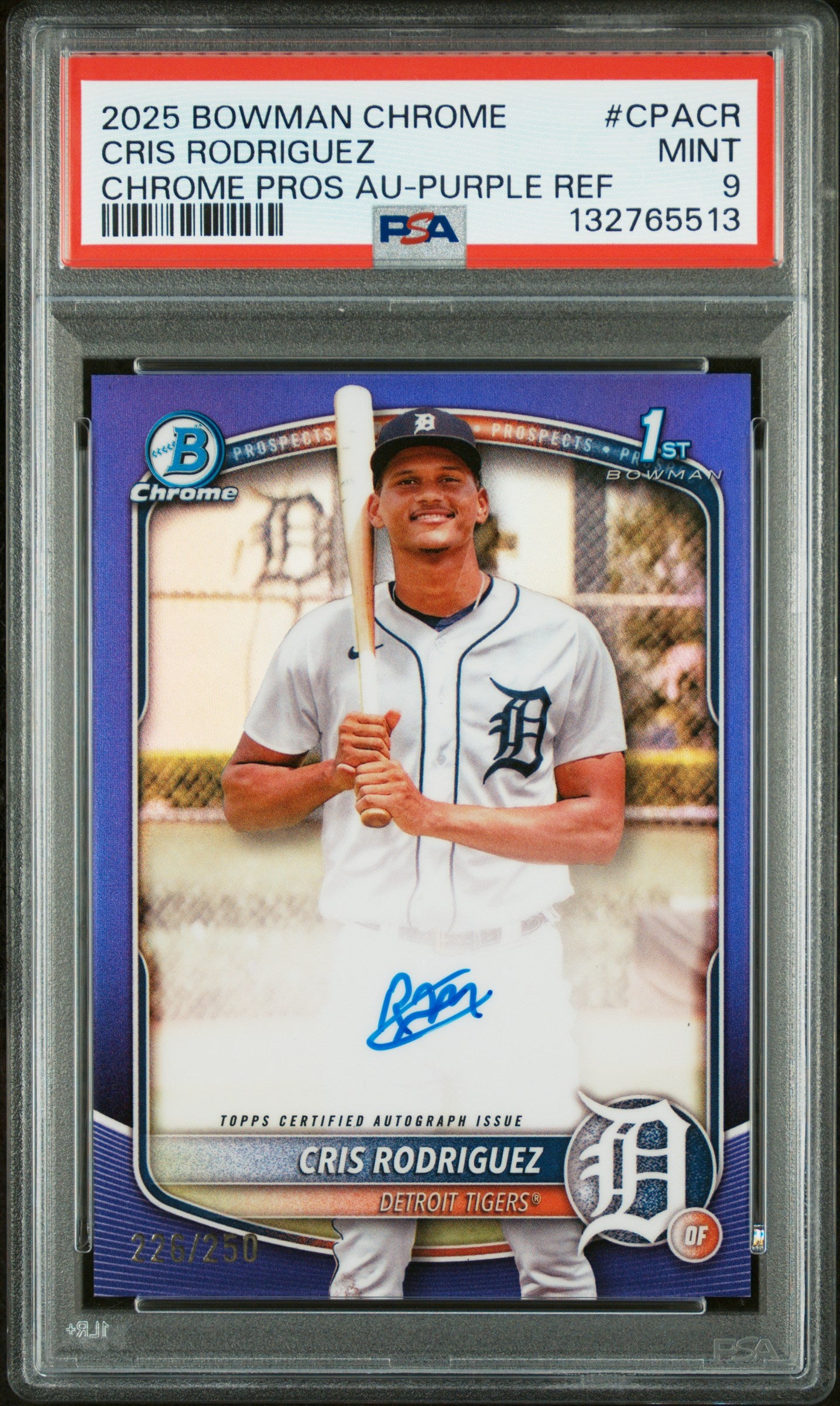 2025 Bowman Chrome Prospect Autographs #CPACR Cris Rodriguez Chrome Pros AU-Purple Ref PSA 9