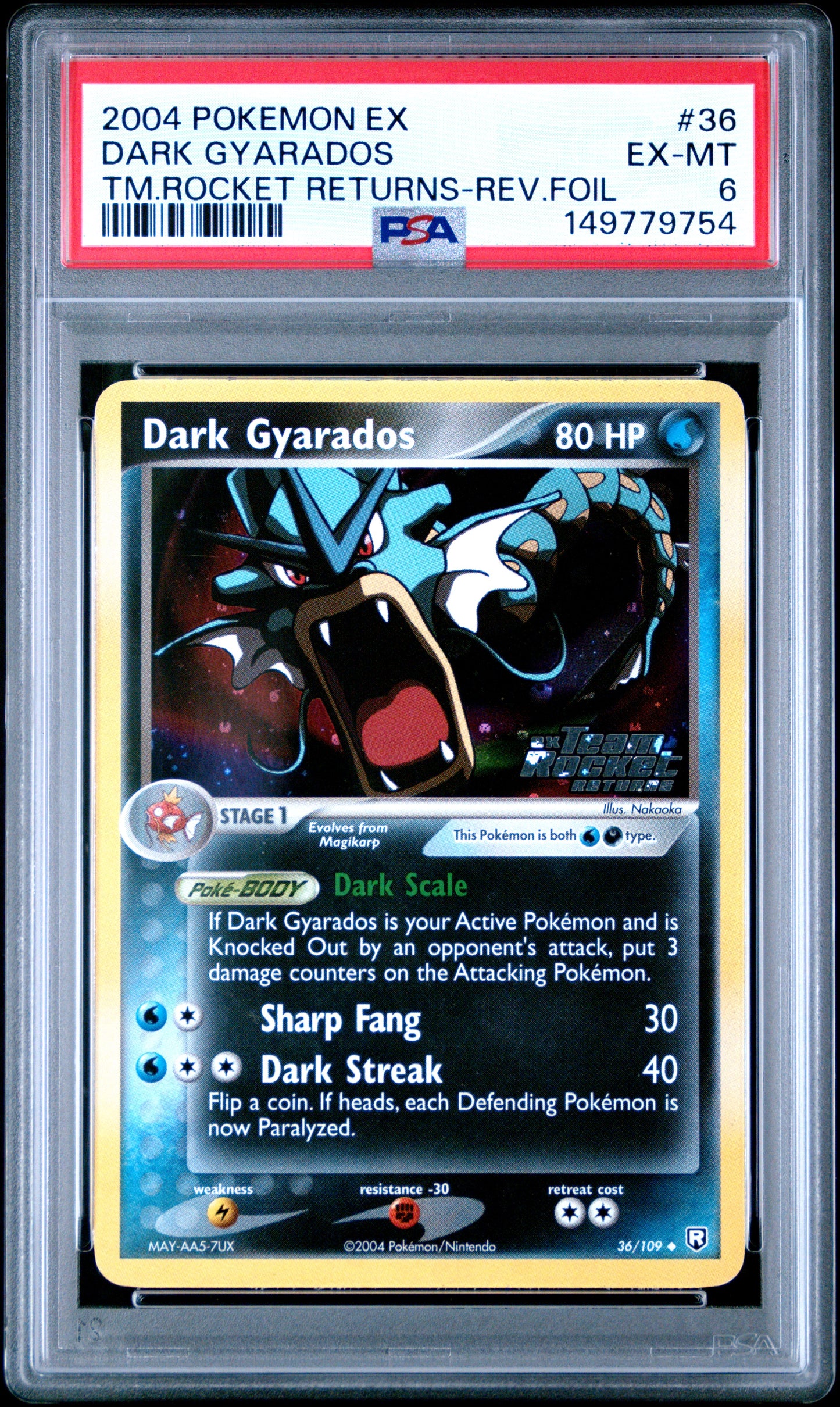 2004 Pokemon Ex Team Rocket Returns Dark Gyarados-Reverse Foil #36 PSA 6