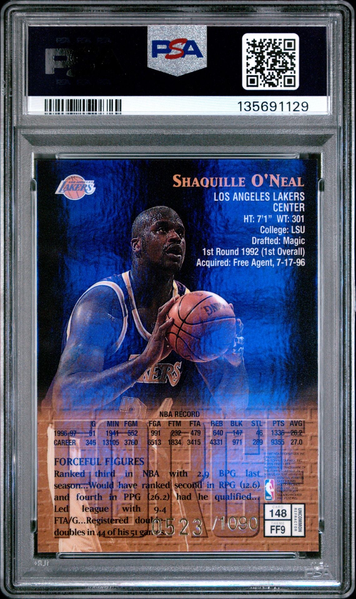 1997 Finest #148 Shaquille O'neal Refractor 523/1090 PSA 8