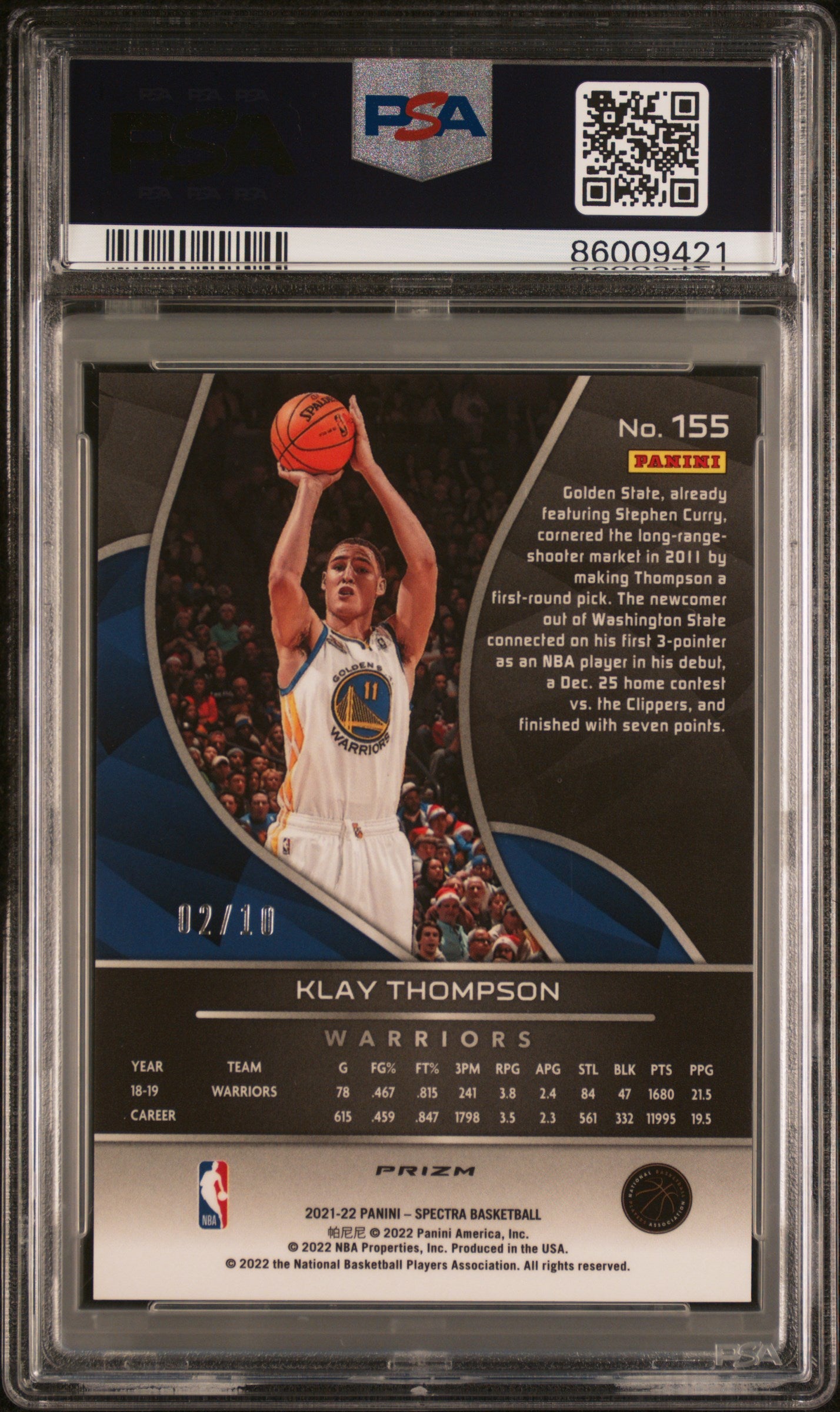 2021 Panini Spectra #155 Klay Thompson Gold 2/10 PSA 9