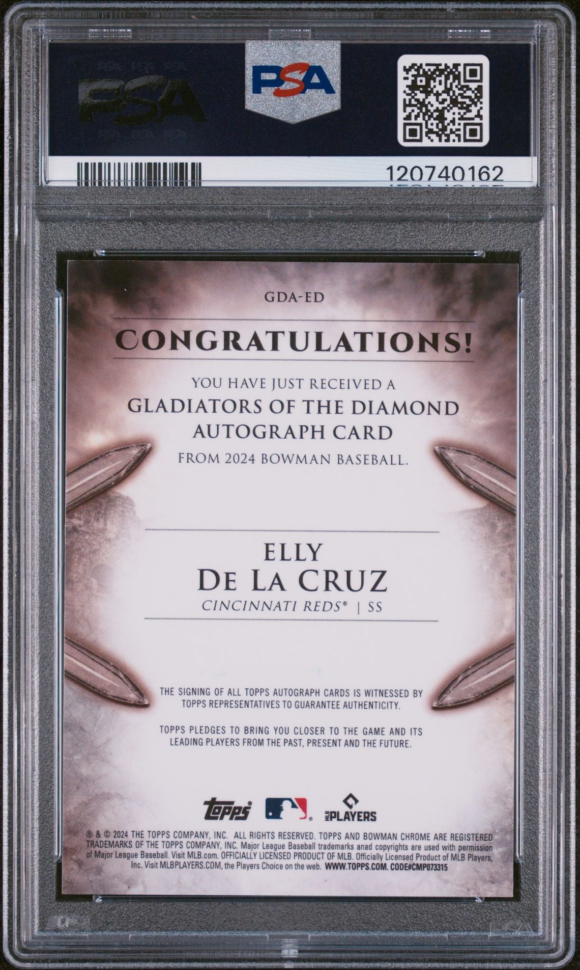 2024 Bowman Gladiators of the Diamond Autographs #GDAED Elly de La Cruz Orange 23/25 PSA 10