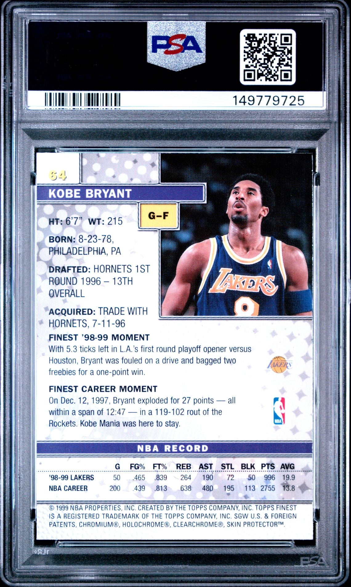 1999 Finest #64 Kobe Bryant PSA 10