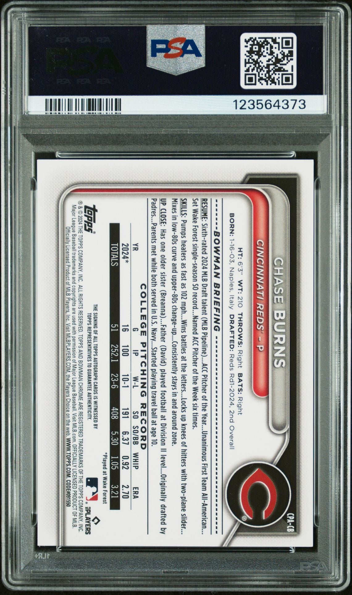 2024 Bowman Draft Chrome Prospect Autographs #CPACB Chase Burns Purple Refractor 172/250 PSA 9