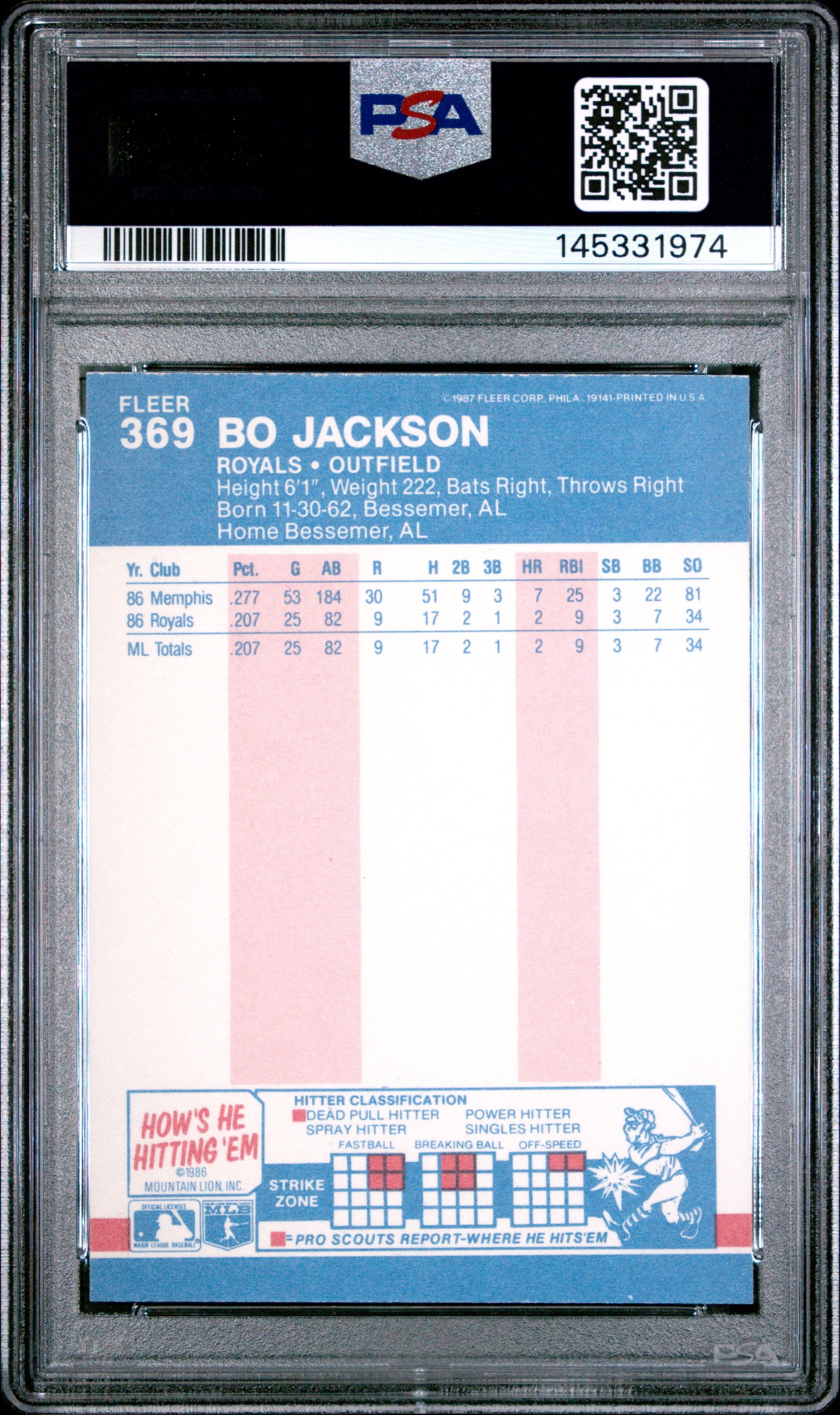 1987 Fleer Bo Jackson #369 PSA 7
