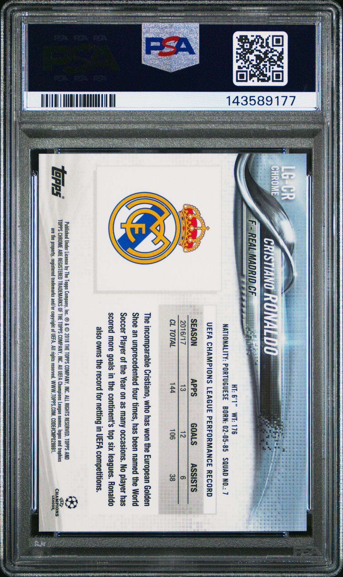 2017 Topps Chrome Uefa Champions League Promotional Sample #CR Cristiano Ronaldo PSA 10