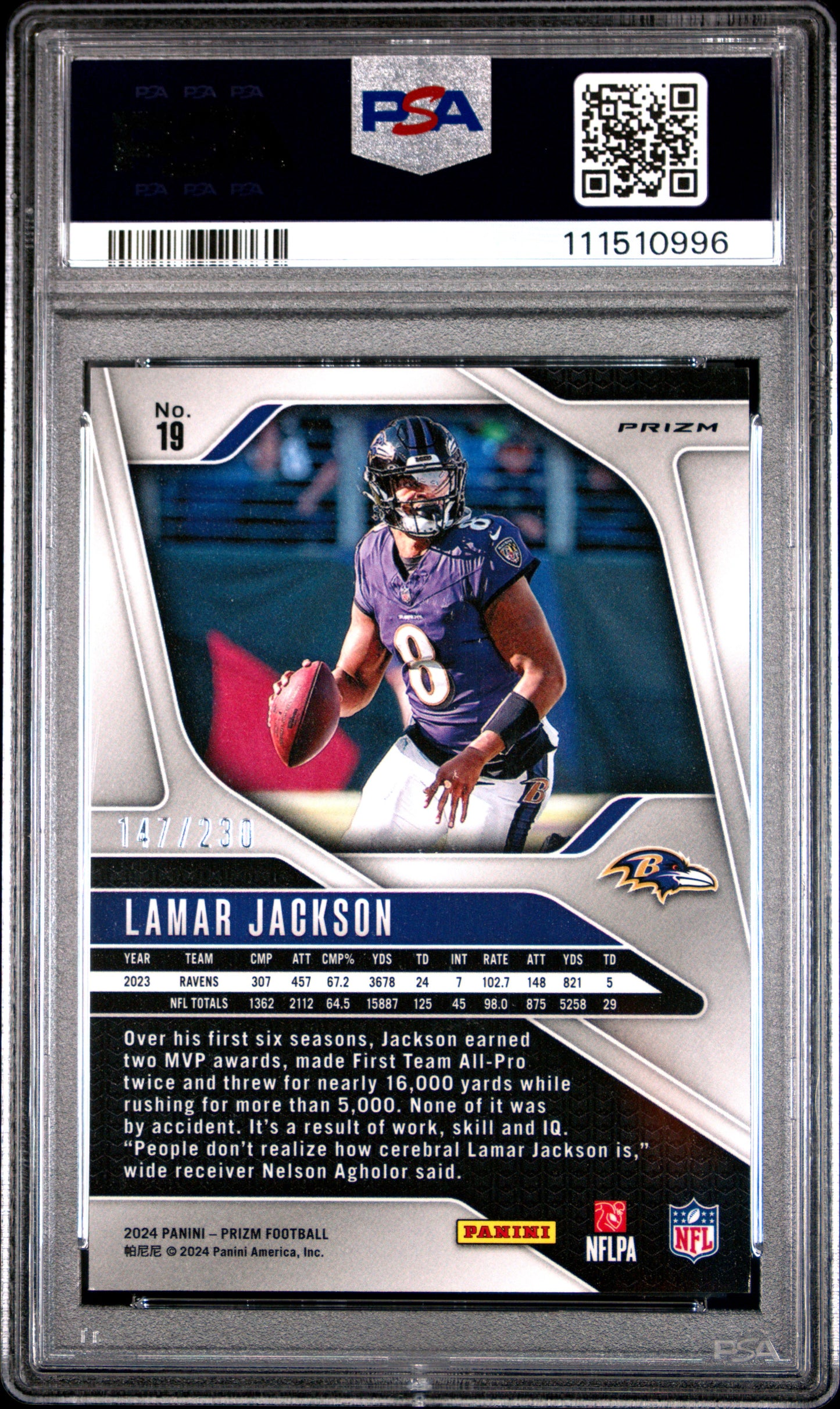2024 PANINI PRIZM LAMAR JACKSON BLUE WAVE #19 PSA 10 - Back