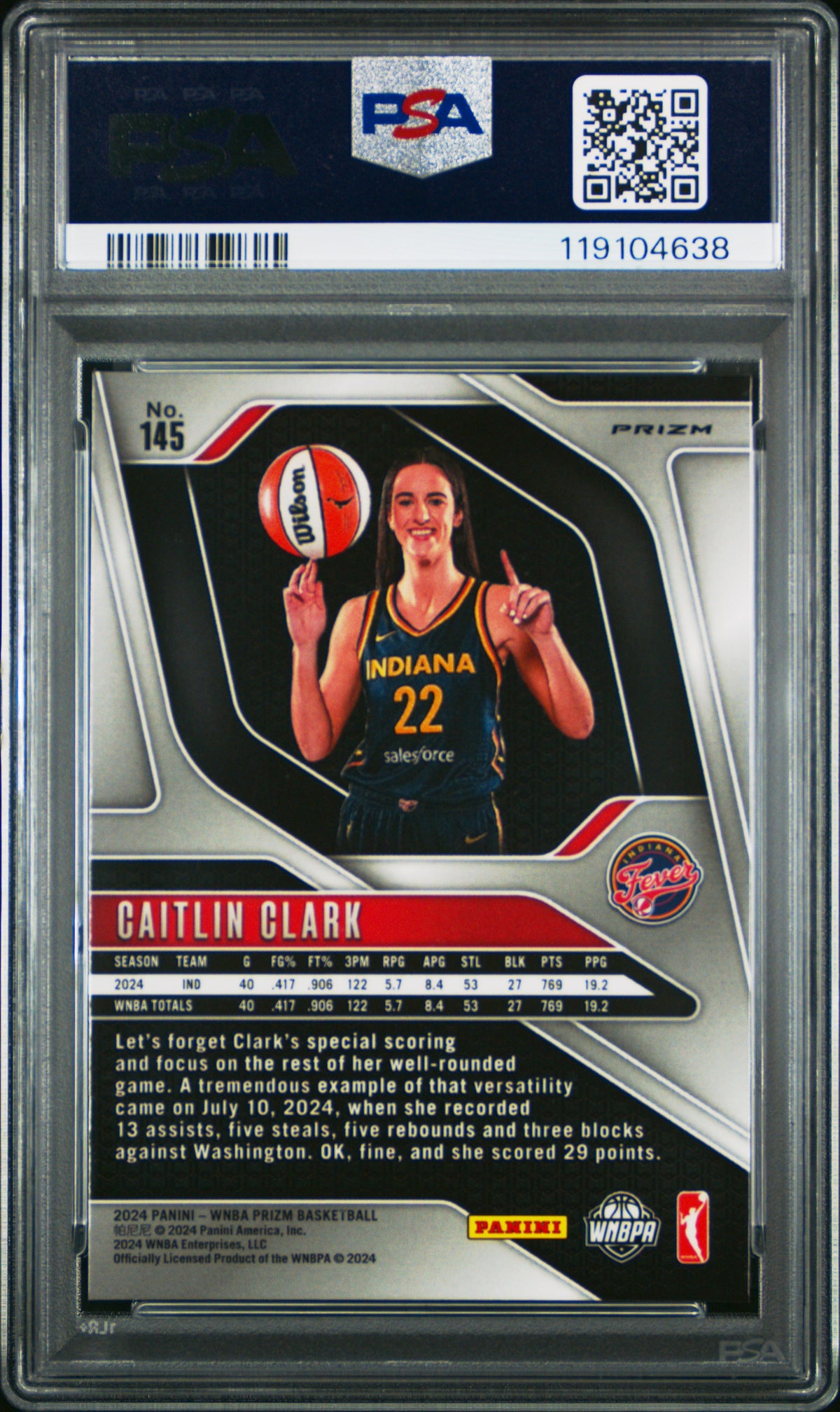 2024 PANINI PRIZM WNBA CAITLIN CLARK BLUE VELOCITY #145 PSA 8 - Back