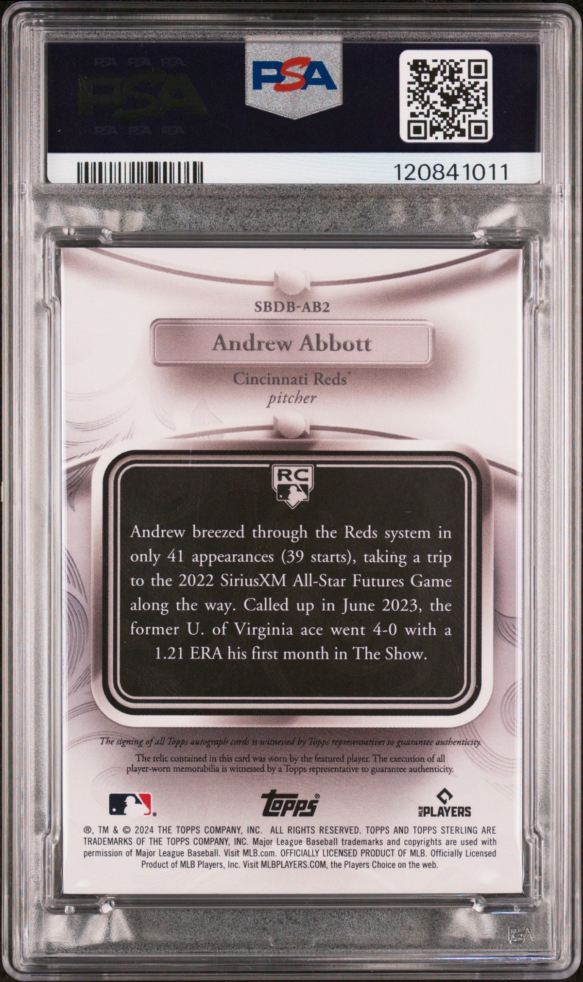 2024 TOPPS STERLING STERLING DEBUTS AUTOGRAPH RELICS ANDREW ABBOTT DEBUT AUTOGRAPH RELICS-RED #AB2 PSA 9 - Back