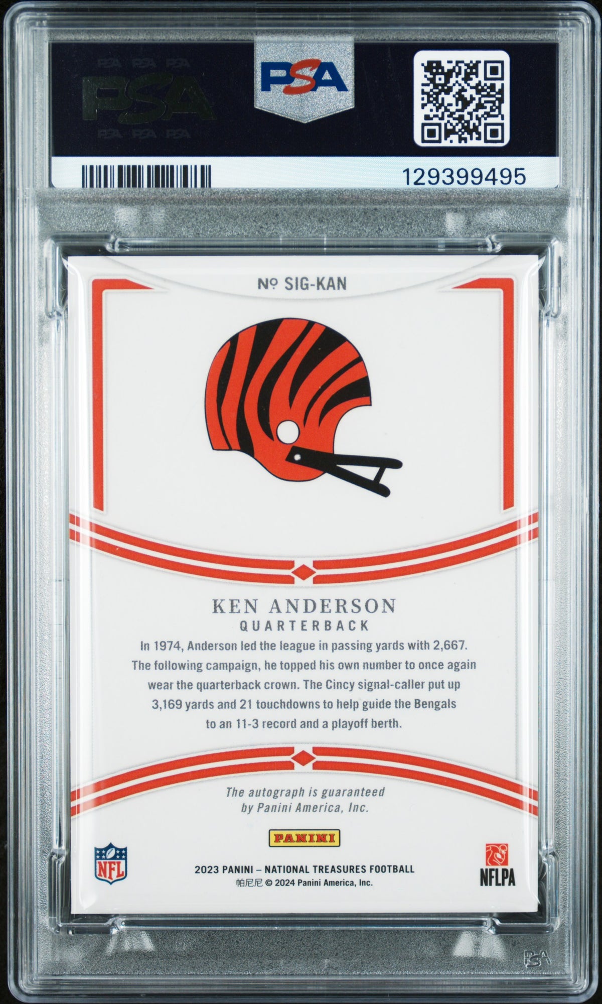 2023 PANINI NATIONAL TREASURES SIGNATURES KEN ANDERSON SIGNATURE-PLATINUM 1/1 #SIGKAN PSA 8 - Back