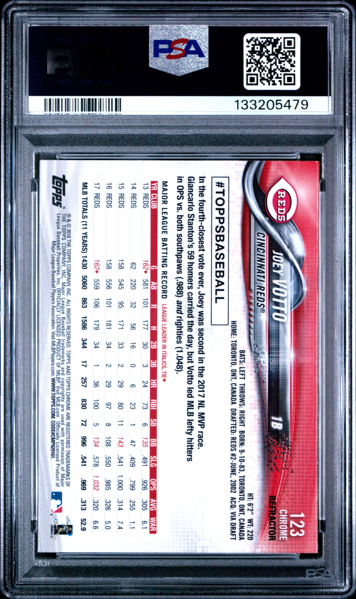 2018 TOPPS CHROME JOEY VOTTO REFRACTOR #123 PSA 10 - Back
