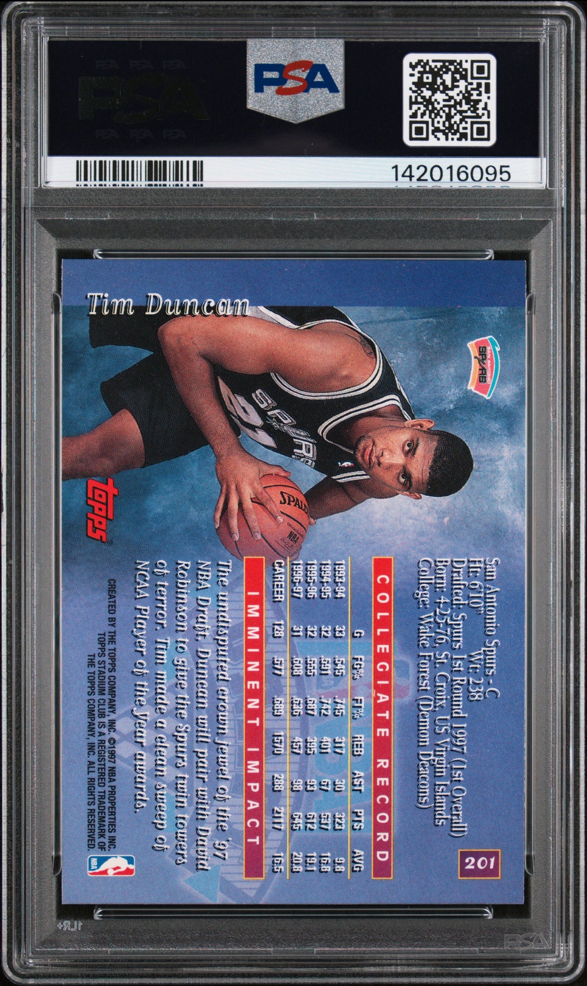 1997 STADIUM CLUB 1ST DAY ISSUE TIM DUNCAN 1ST DAY ISSUE #201 PSA 8 - Back