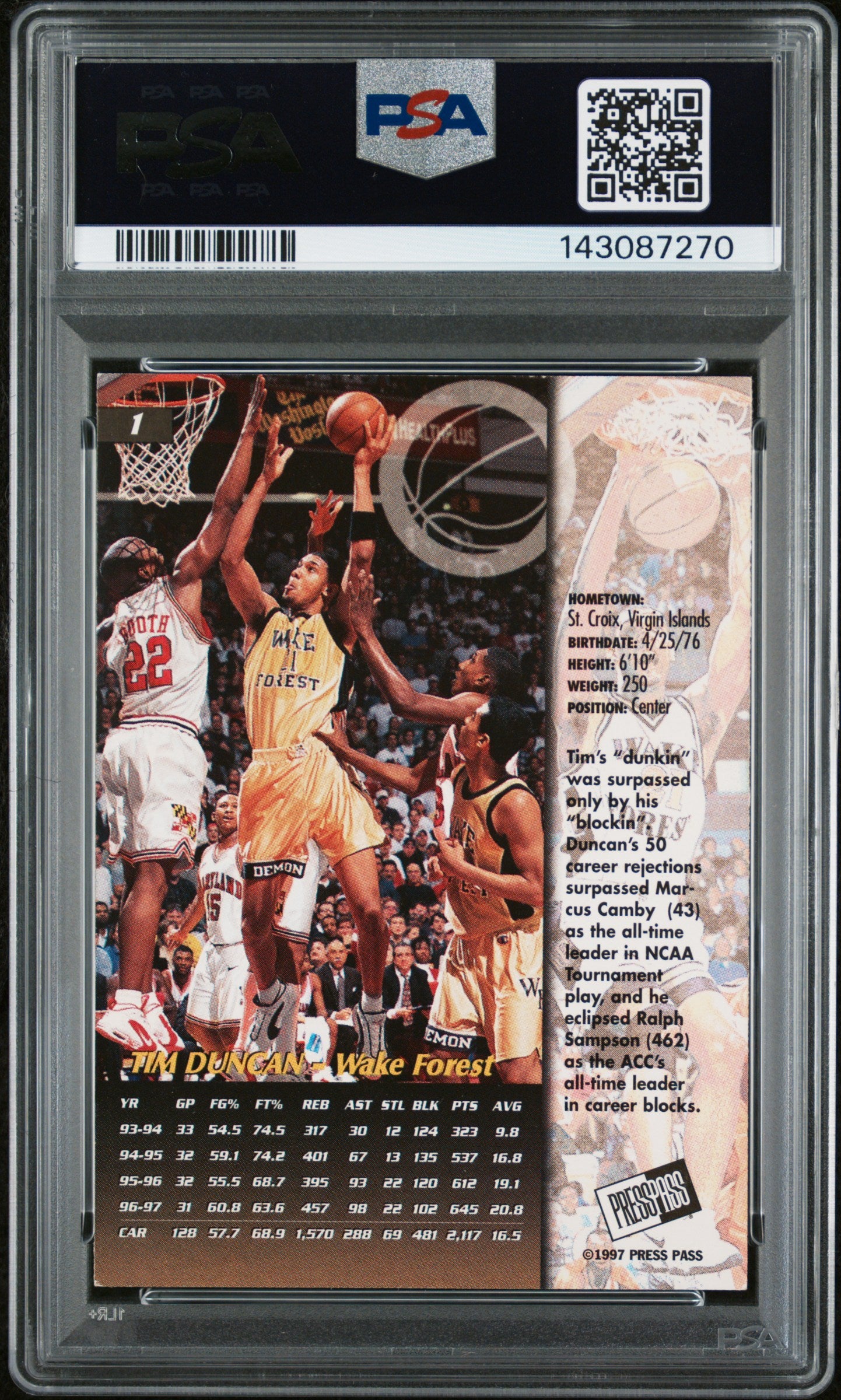 1997 PRESS PASS TIM DUNCAN #1 PSA 5/AUTH - Back