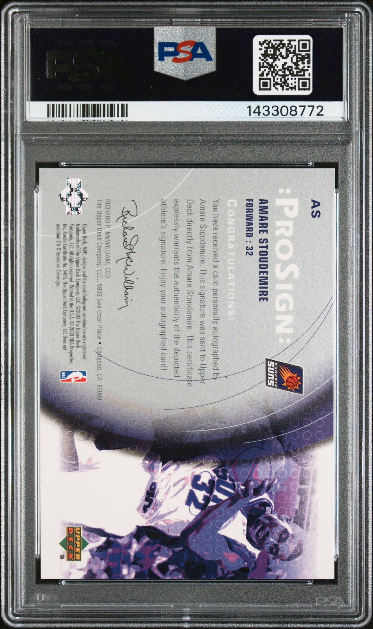 2003 UPPER DECK MVP PROSIGN AMARE STOUDEMIRE PROSIGN #AS PSA 8/GEM MT 10 - Back