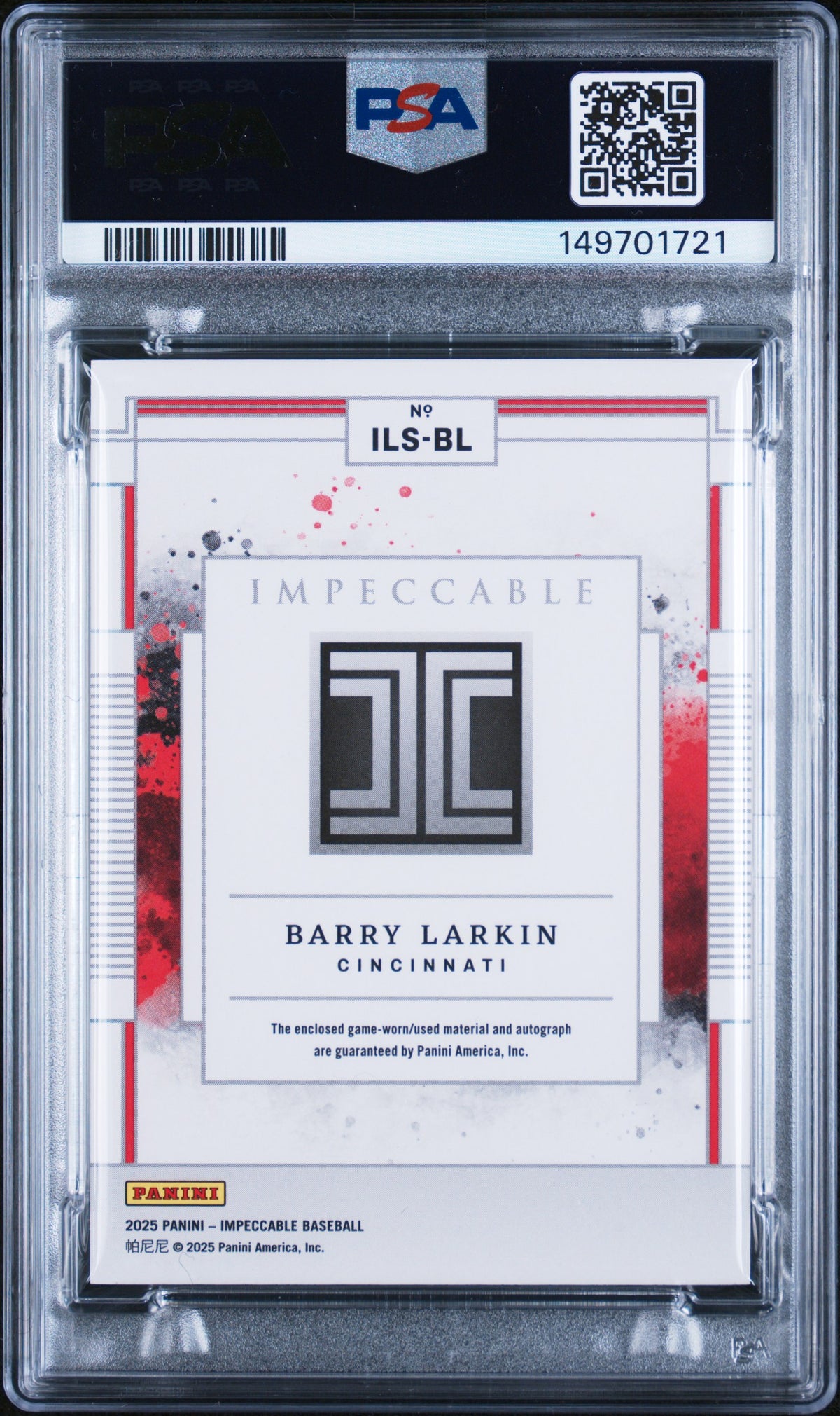 2025 PANINI IMPECCABLE IMPECCABLE LUMBER SIGNATURES BARRY LARKIN #ILS-BL PSA 9/GEM MT 10 - Back