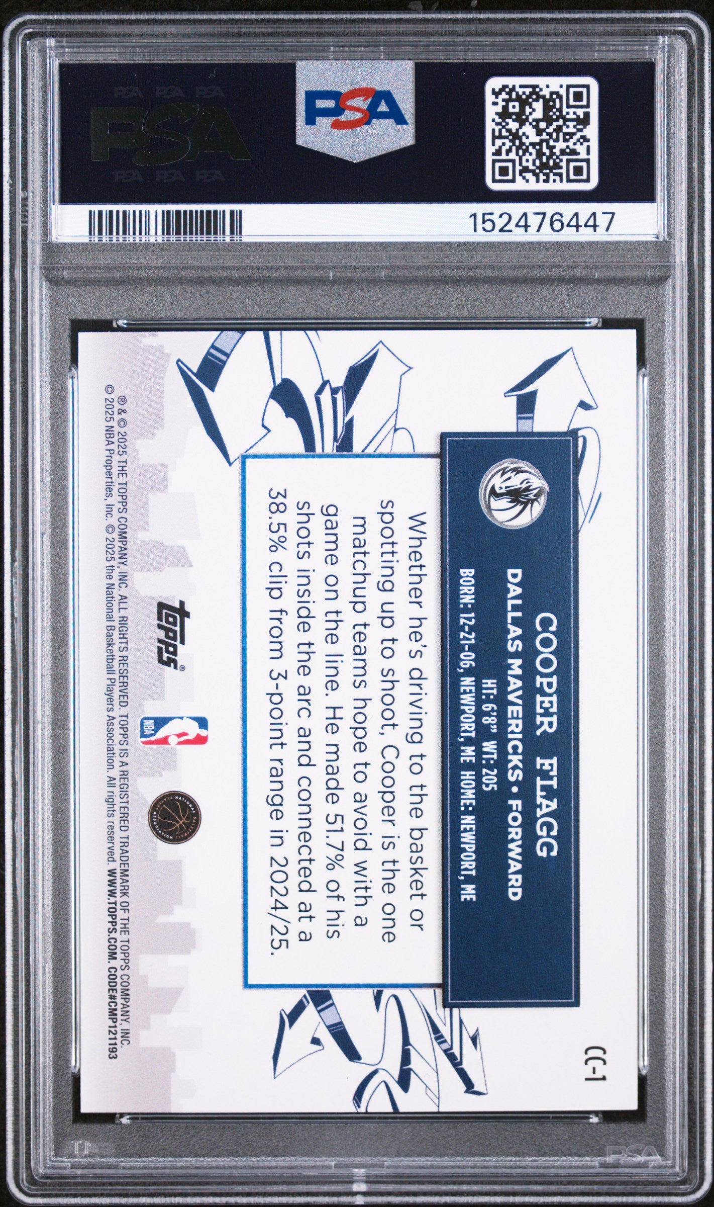2025 TOPPS CLUTCH CITY PROSPECTS COOPER FLAGG #CC-1 PSA 9 - Back