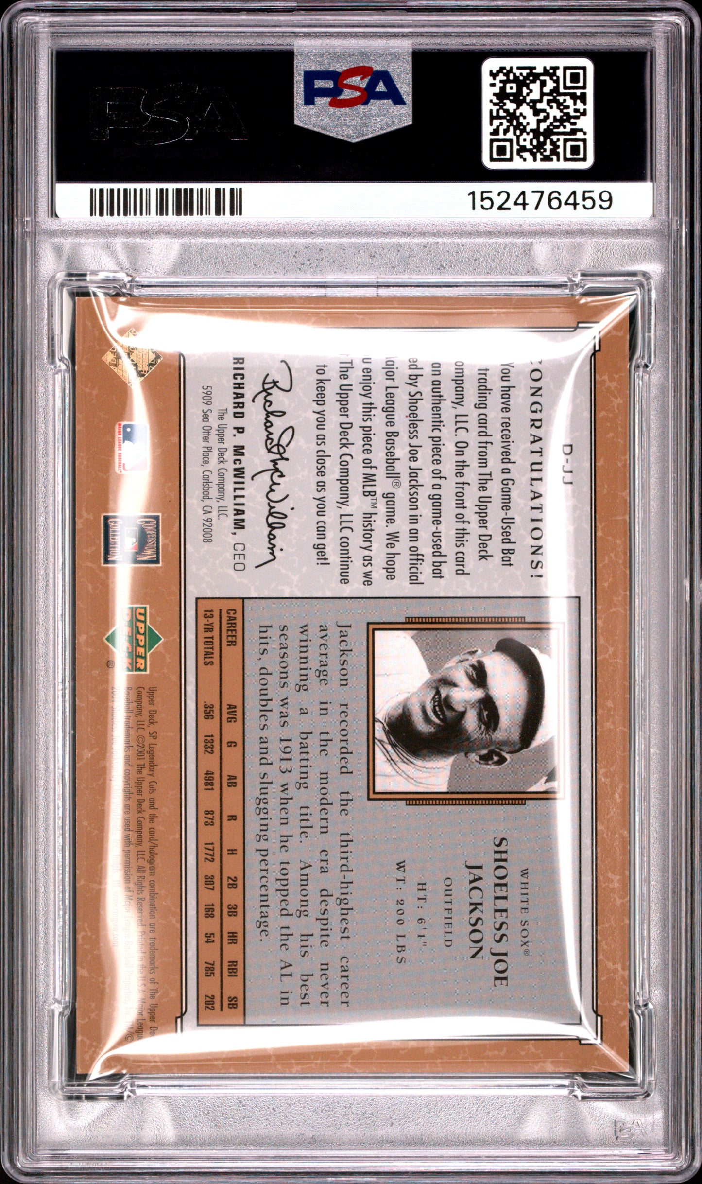 2001 SP LEGENDARY CUTS DEBUT BAT CARDS JOE JACKSON DEBUT BAT CARDS #D-JJ PSA 9 - Back