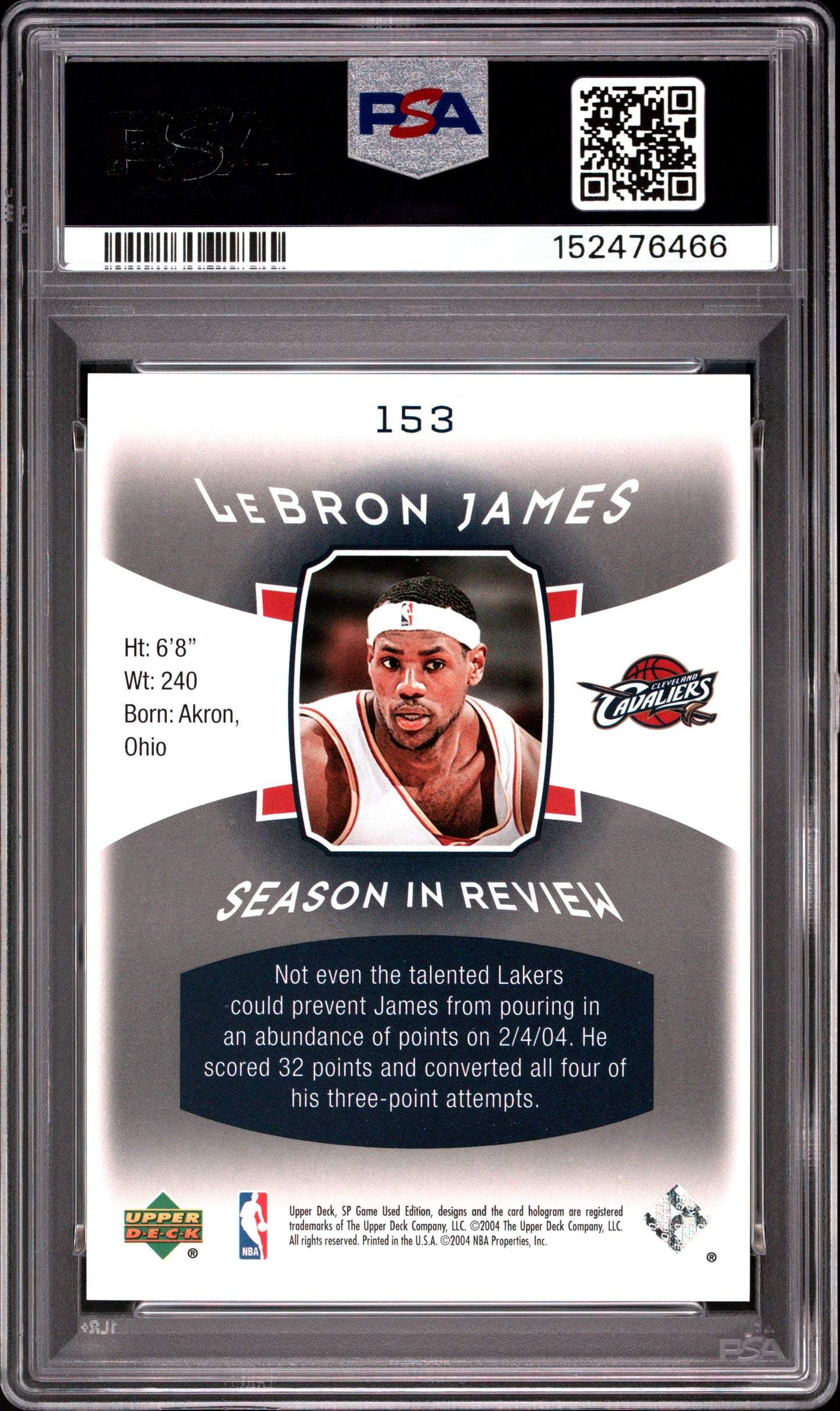 2004 SP GAME USED LeBRON JAMES #153 PSA 9 - Back