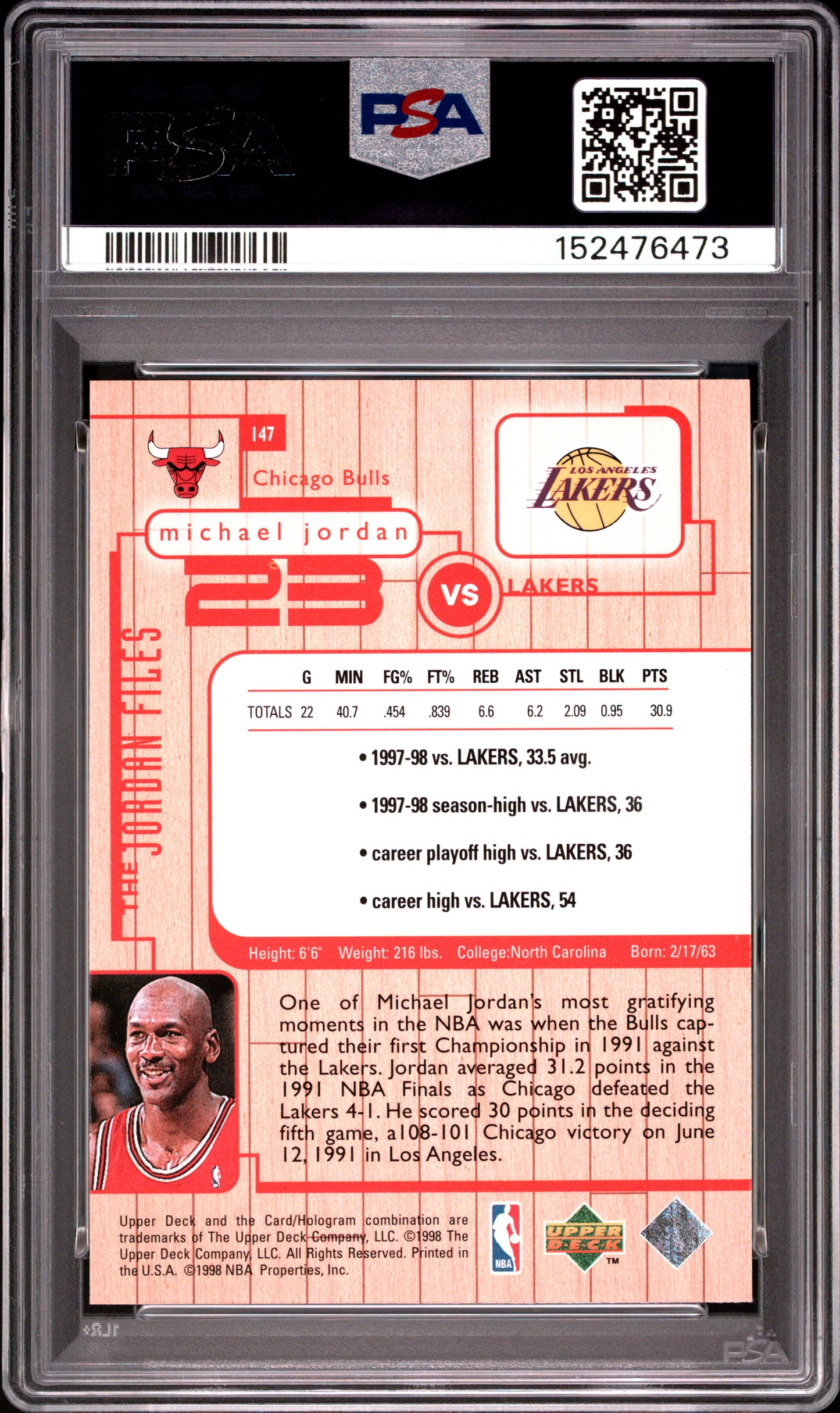 1998 UPPER DECK MJ LIVING LEGEND MICHAEL JORDAN THE JORDAN FILES #147 PSA 8 - Back