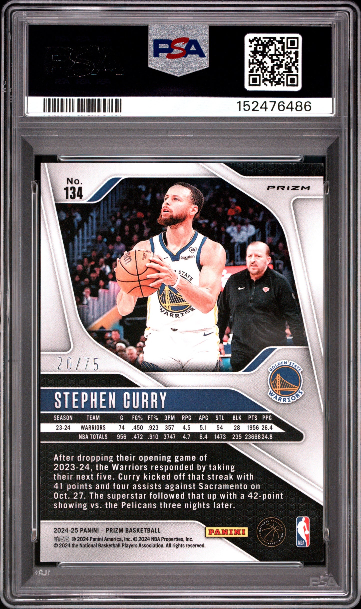 2024 PANINI PRIZM STEPHEN CURRY PURPLE FAST BREAK #134 PSA 9 - Back