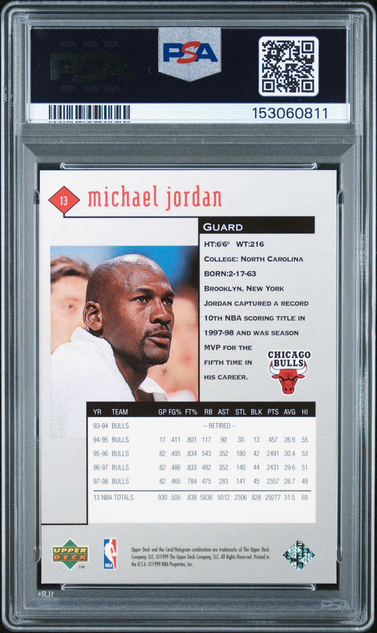 1998 UPPER DECK BLACK DIAMOND MICHAEL JORDAN SINGLE #13 PSA 9 - Back