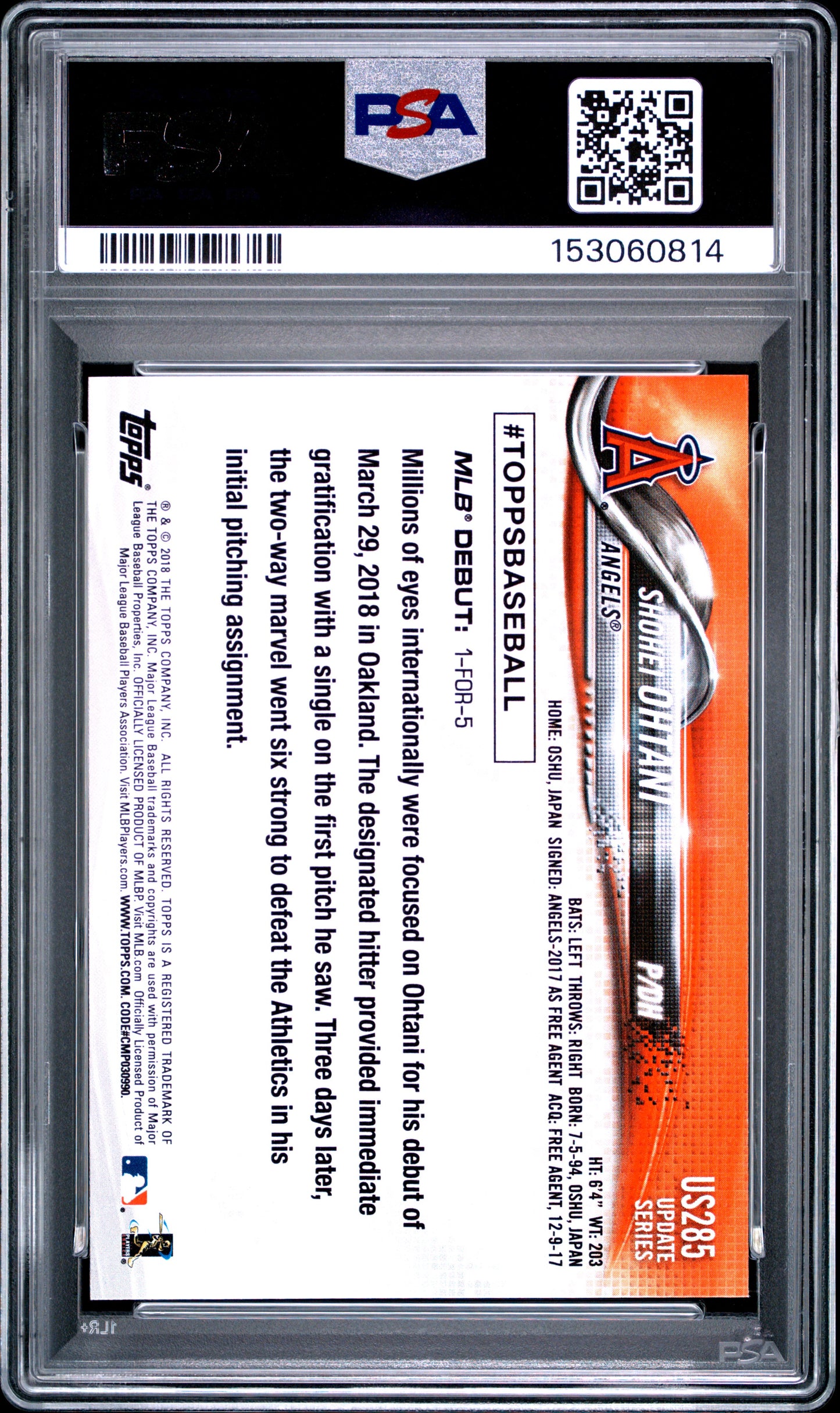 2018 TOPPS UPDATE SHOHEI OHTANI #US285 PSA 9 - Back