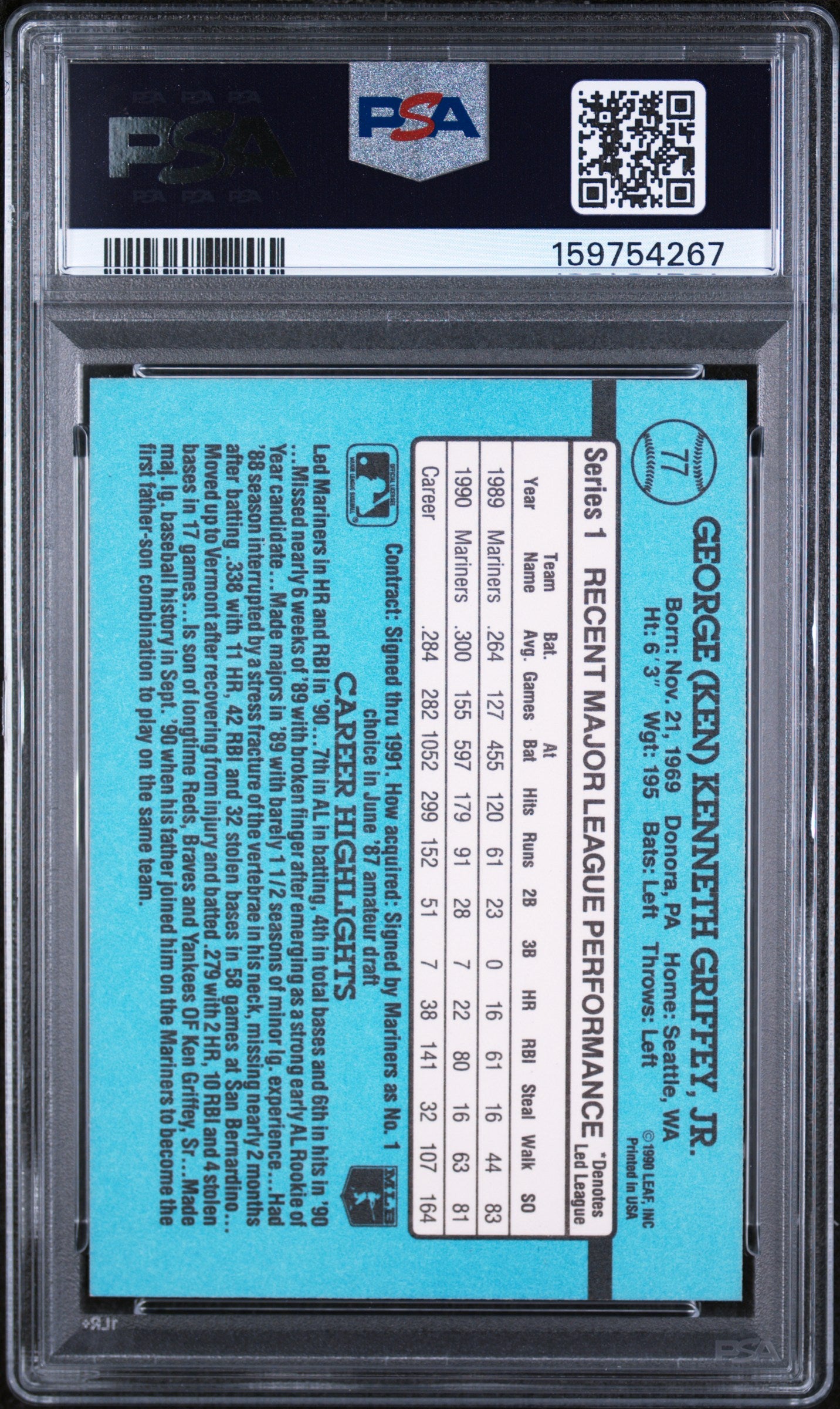 1991 DONRUSS KEN GRIFFEY JR. #77 PSA 9 - Back