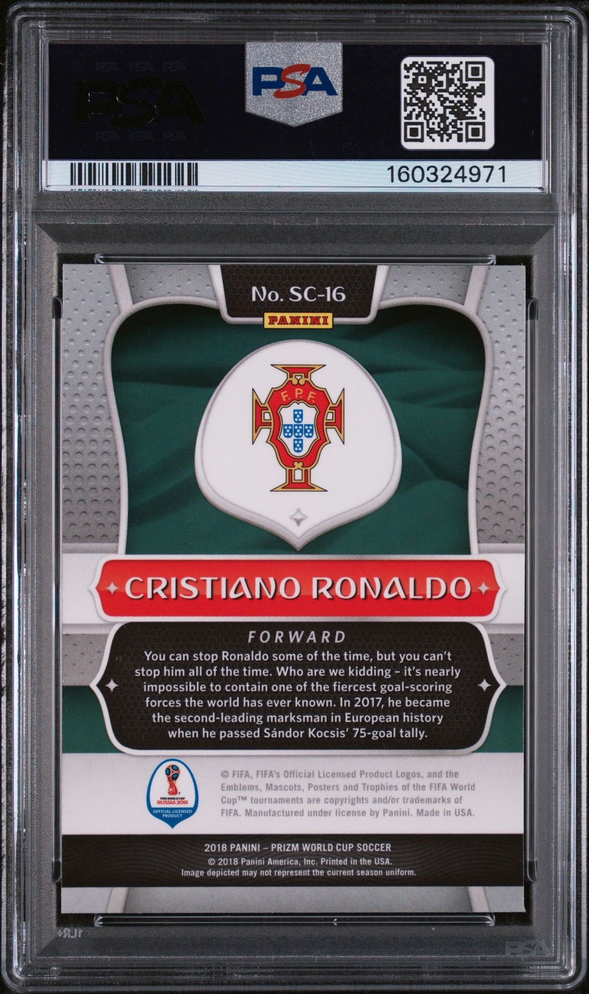 2018 PANINI PRIZM WORLD CUP SCORERS CLUB CRISTIANO RONALDO SCORERS CLUB #SC-16 PSA 10 - Back