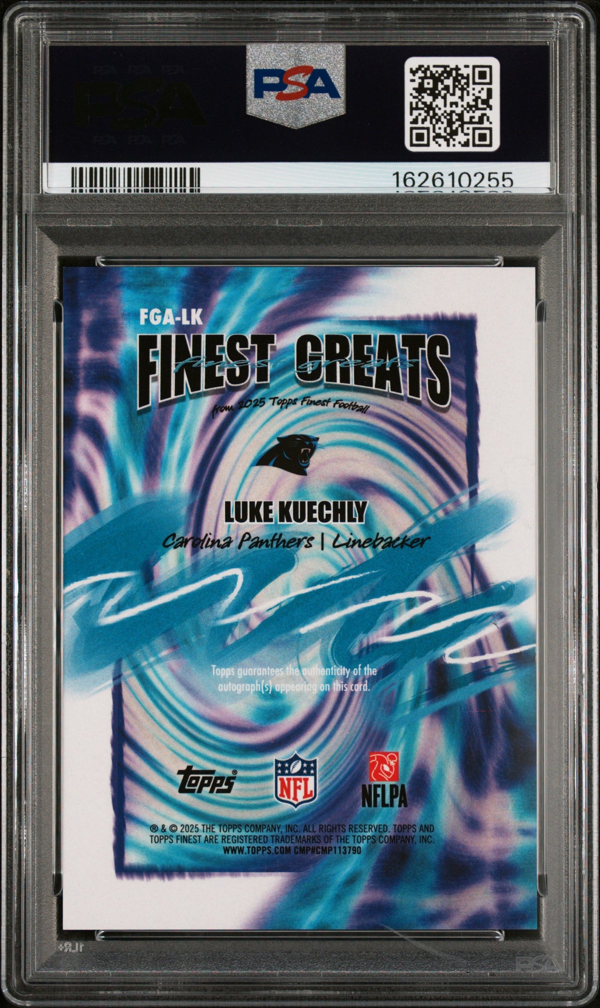 2025 TOPPS FINEST FINEST GREATS AUTOGRAPHS LUKE KUECHLY FINEST GREATS AUTO-BLUE REF #FGA-LK PSA 10 - Back
