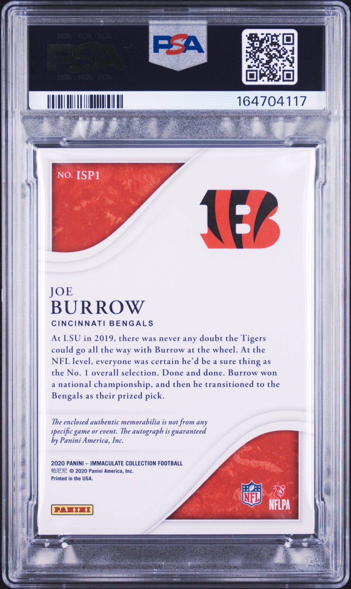 2020 PANINI IMMACULATE COLLECTION IMMACULATE SIGNATURE PATCHES ROOKIE JOE BURROW IMMCLT.SIG.PAT.RK-PREMIUM #ISP1 PSA 8 - Back