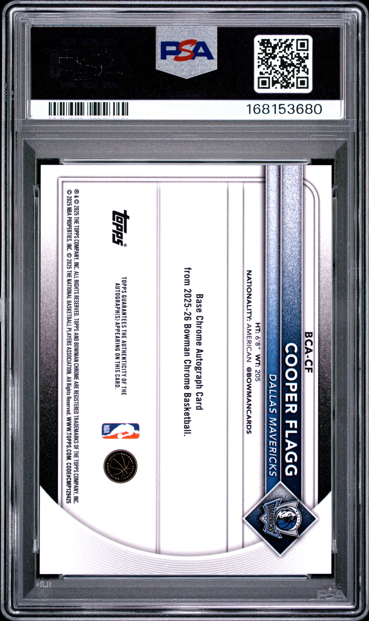 2025 BOWMAN MEGA BOX CHROME AUTOGRAPHS COOPER FLAGG #CF PSA 9 - Back