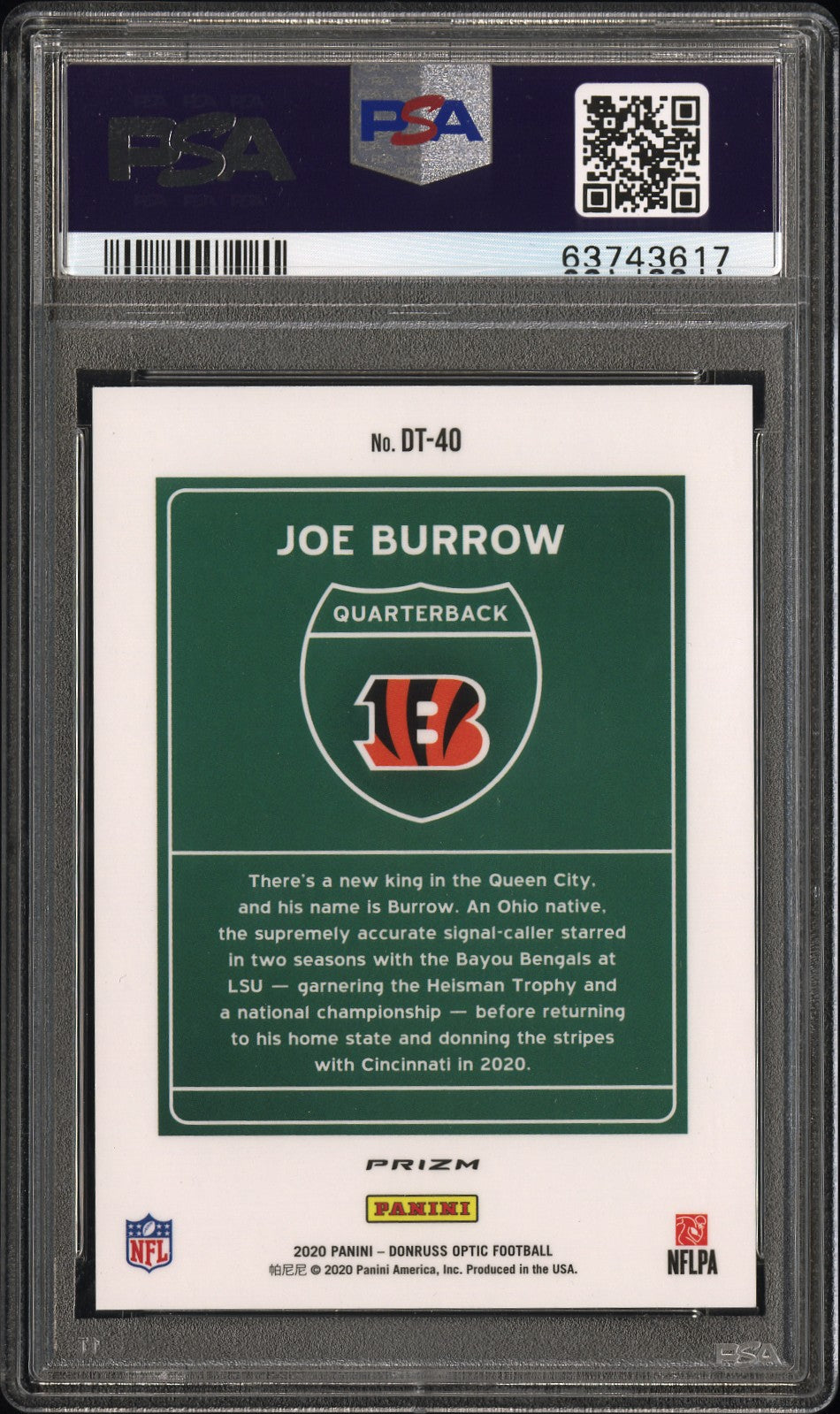 2020 PANINI DONRUSS OPTIC DOWNTOWN JOE BURROW DOWNTOWN #DT40 PSA 10 - Back