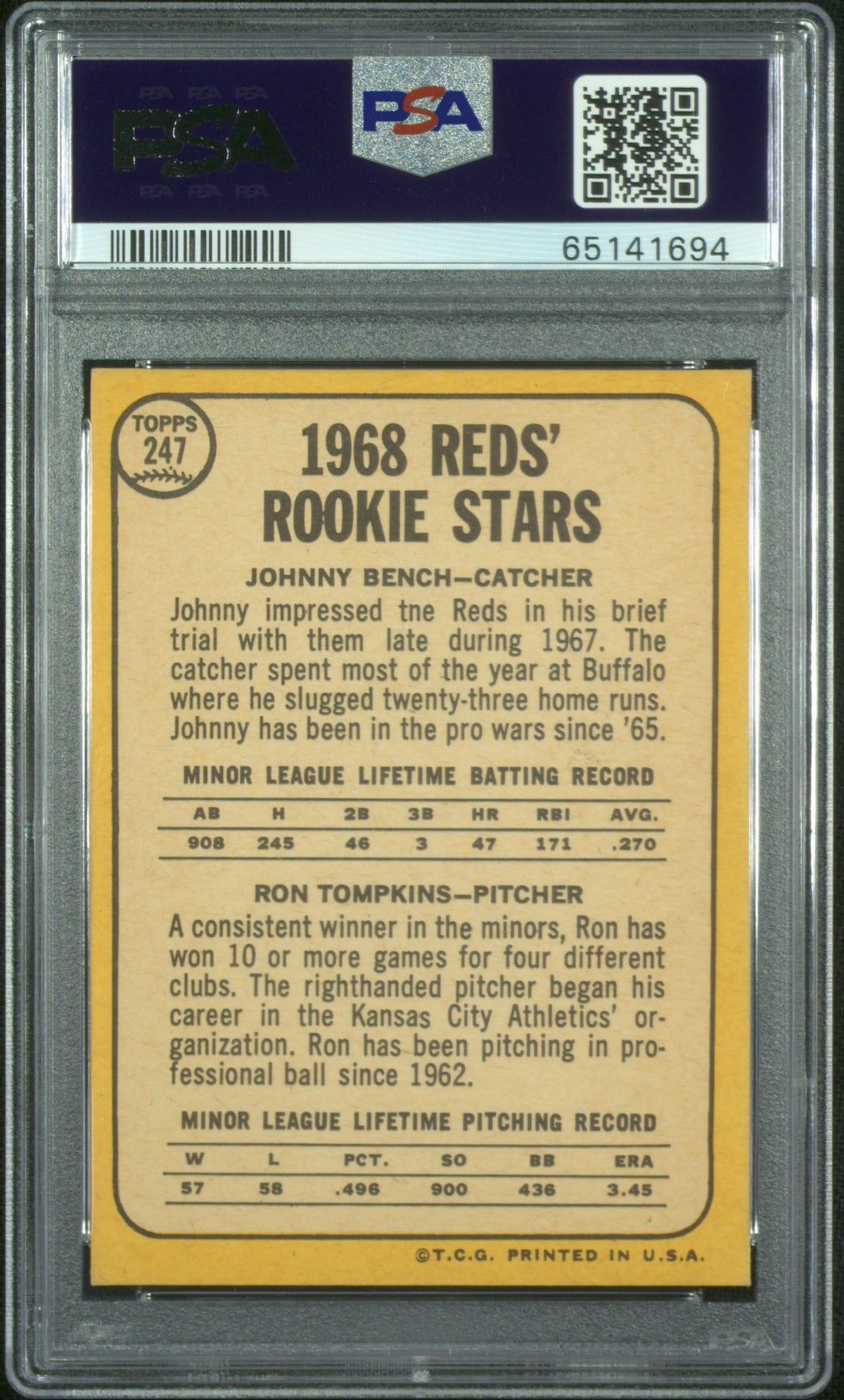 1968 TOPPS REDS ROOKIES J.BENCH/R.TOMPKINS #247 PSA 7 - Back