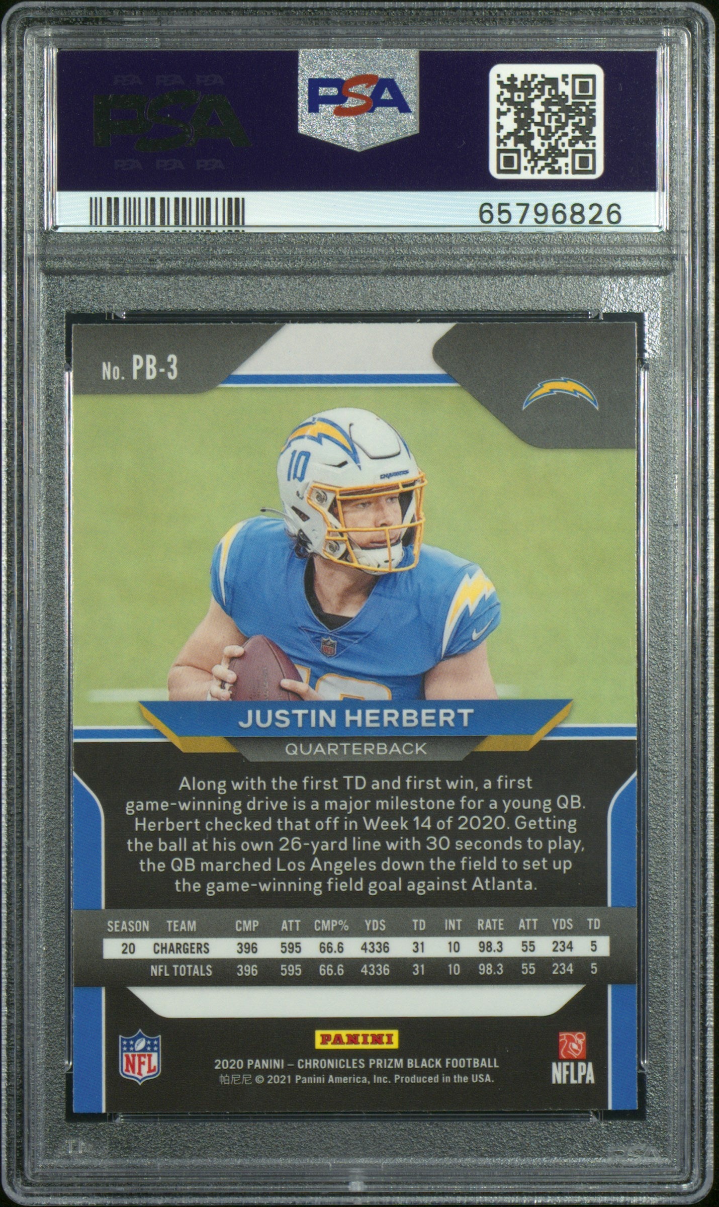 2020 PANINI CHRONICLES PRIZM BLACK JUSTIN HERBERT PRIZM BLACK #PB3 PSA 10 - Back