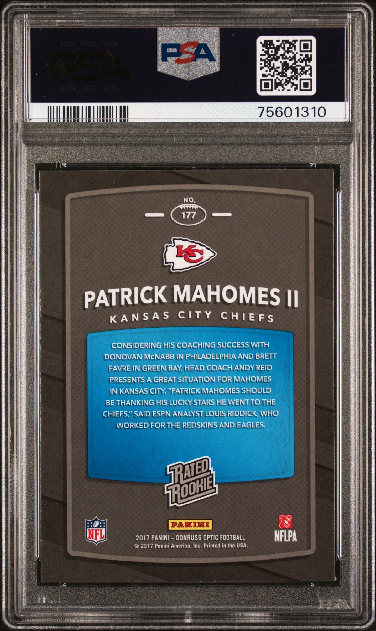 2017 PANINI DONRUSS OPTIC PATRICK MAHOMES II #177 PSA 10 - Back