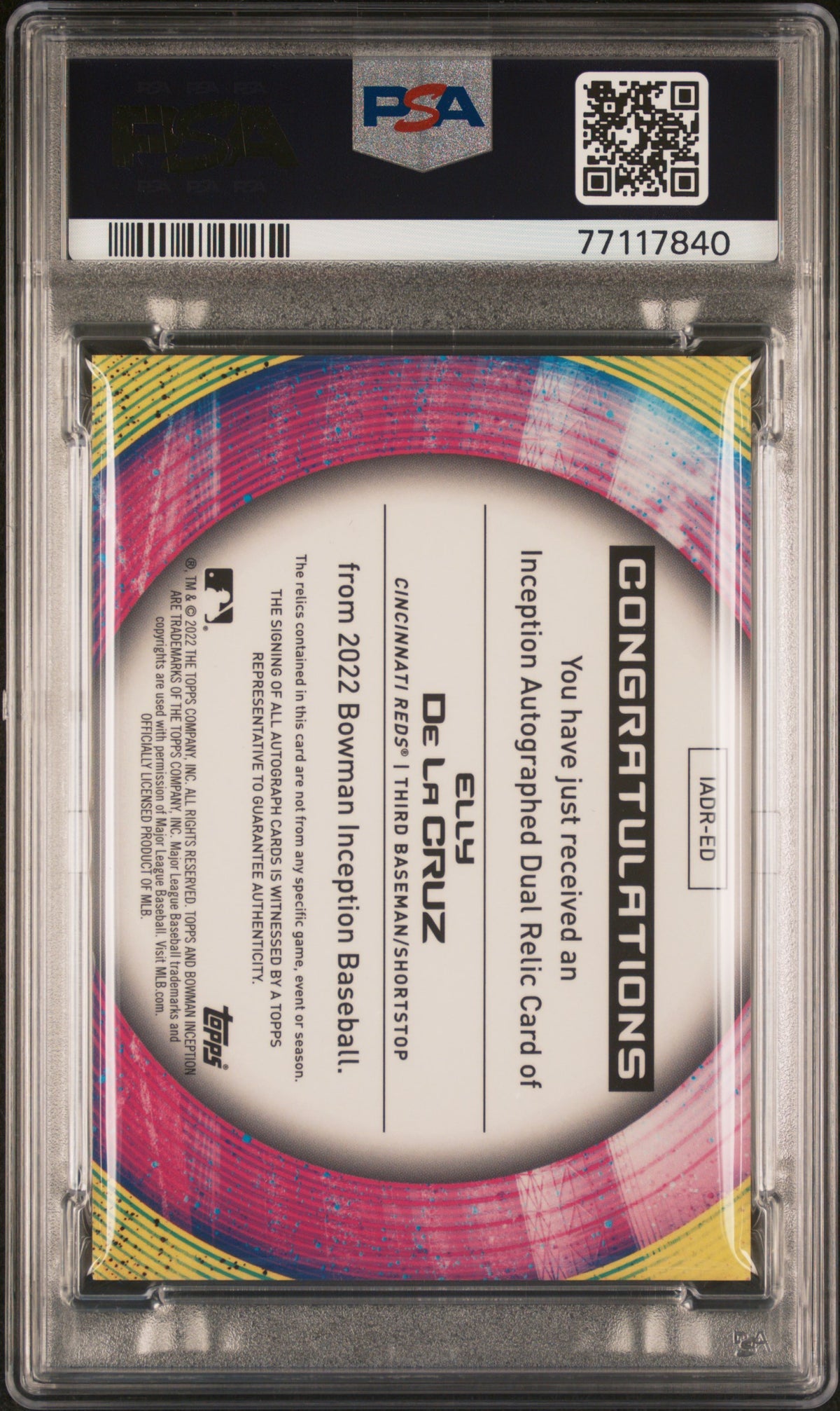 2022 BOWMAN INCEPTION AUTOGRAPH DUAL RELICS ELLY DE LA CRUZ AUTO DUAL RELIC #ED PSA 10 - Back