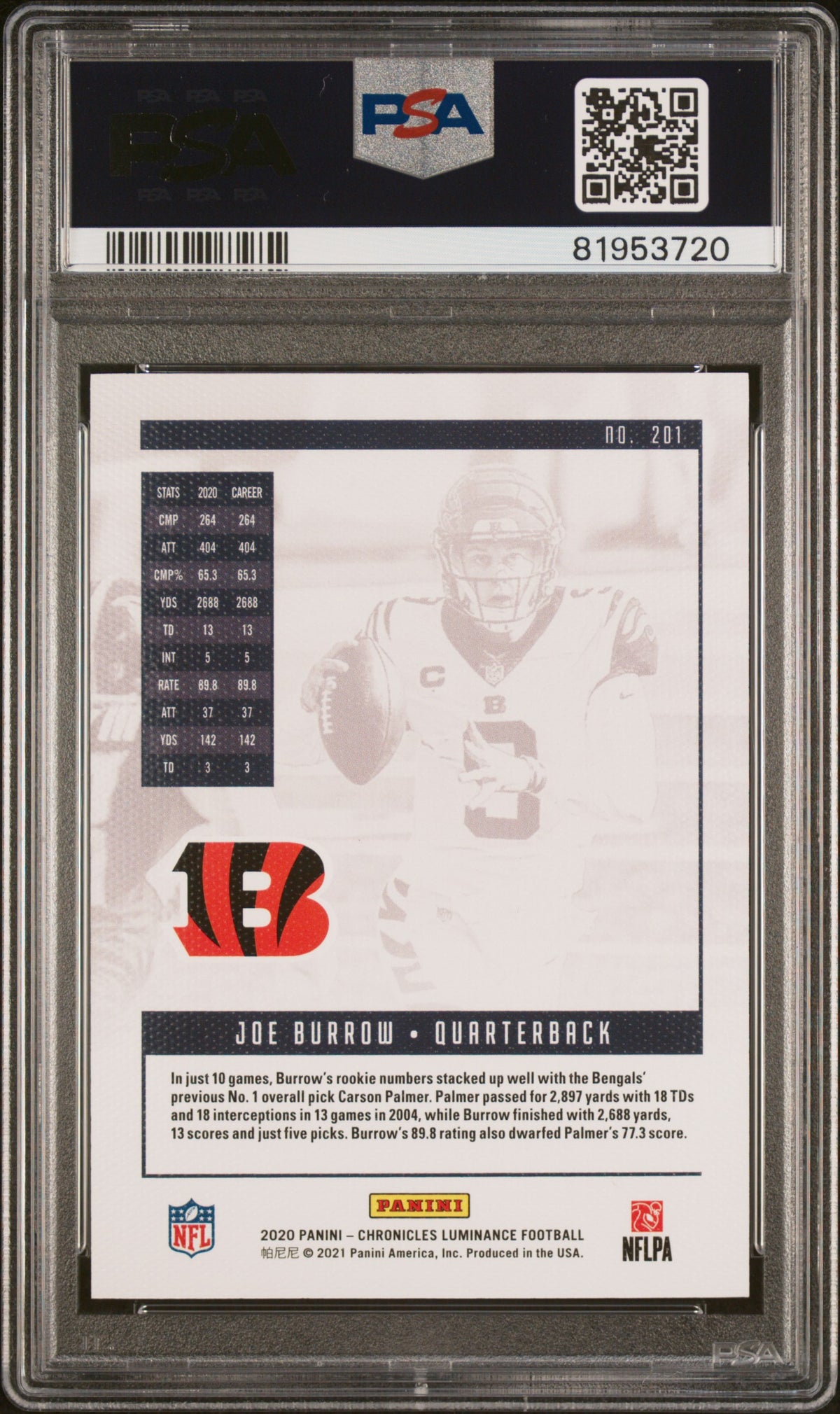 2020 PANINI CHRONICLES LUMINANCE JOE BURROW LUMINANCE-BLUE #201 PSA 10 - Back