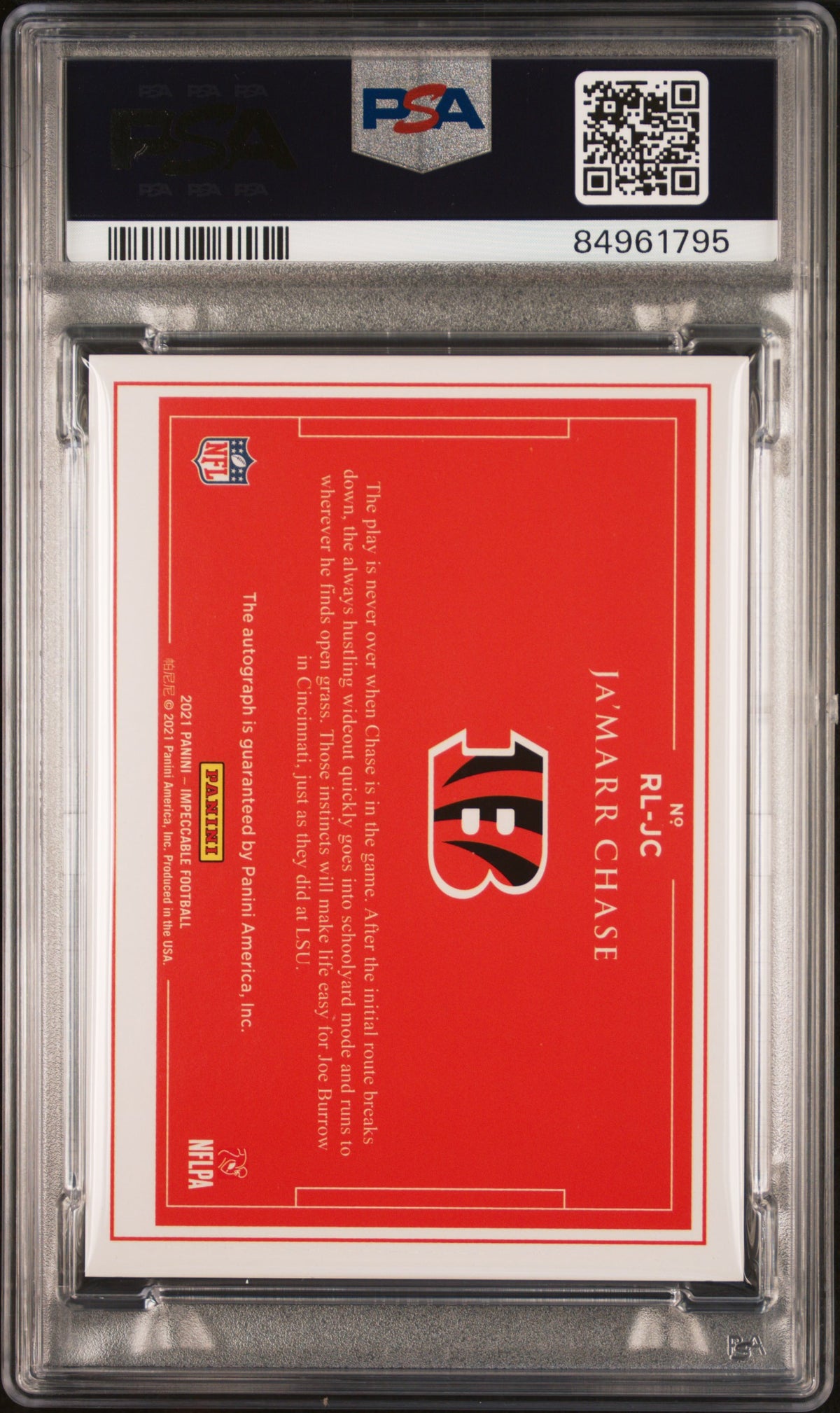 2021 PANINI IMPECCABLE ROOKIE LANDSCAPE AUTOGRAPHS Ja’MARR CHASE RKE.LANDSCAPE AU-BRONZE #RLJC PSA 9 - Back