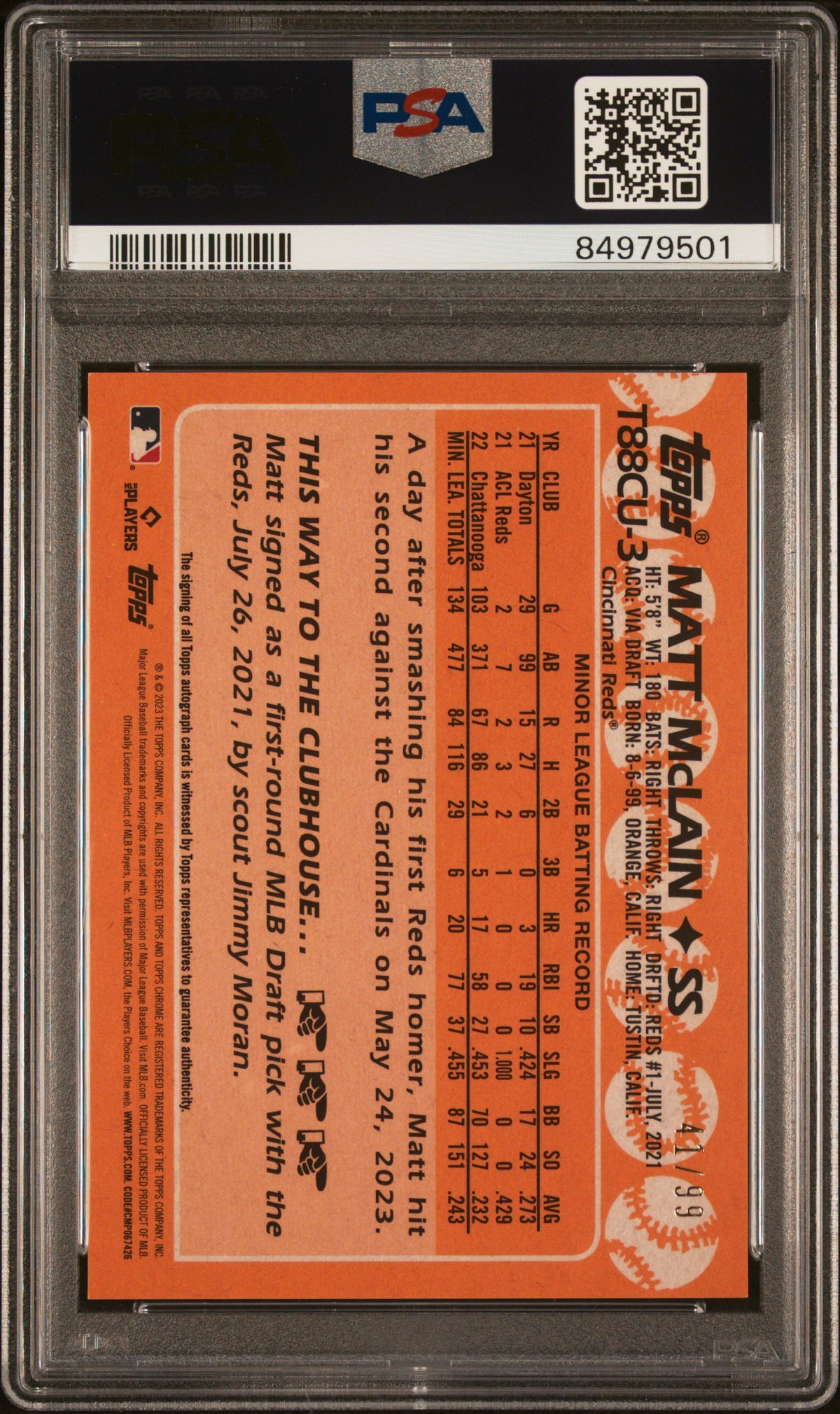 2023 TOPPS SILVER PACK 1988 CHROME PROMO MATT MCLAIN UPDATE-AUTOGRAPH #T88CU3 PSA 10 - Back