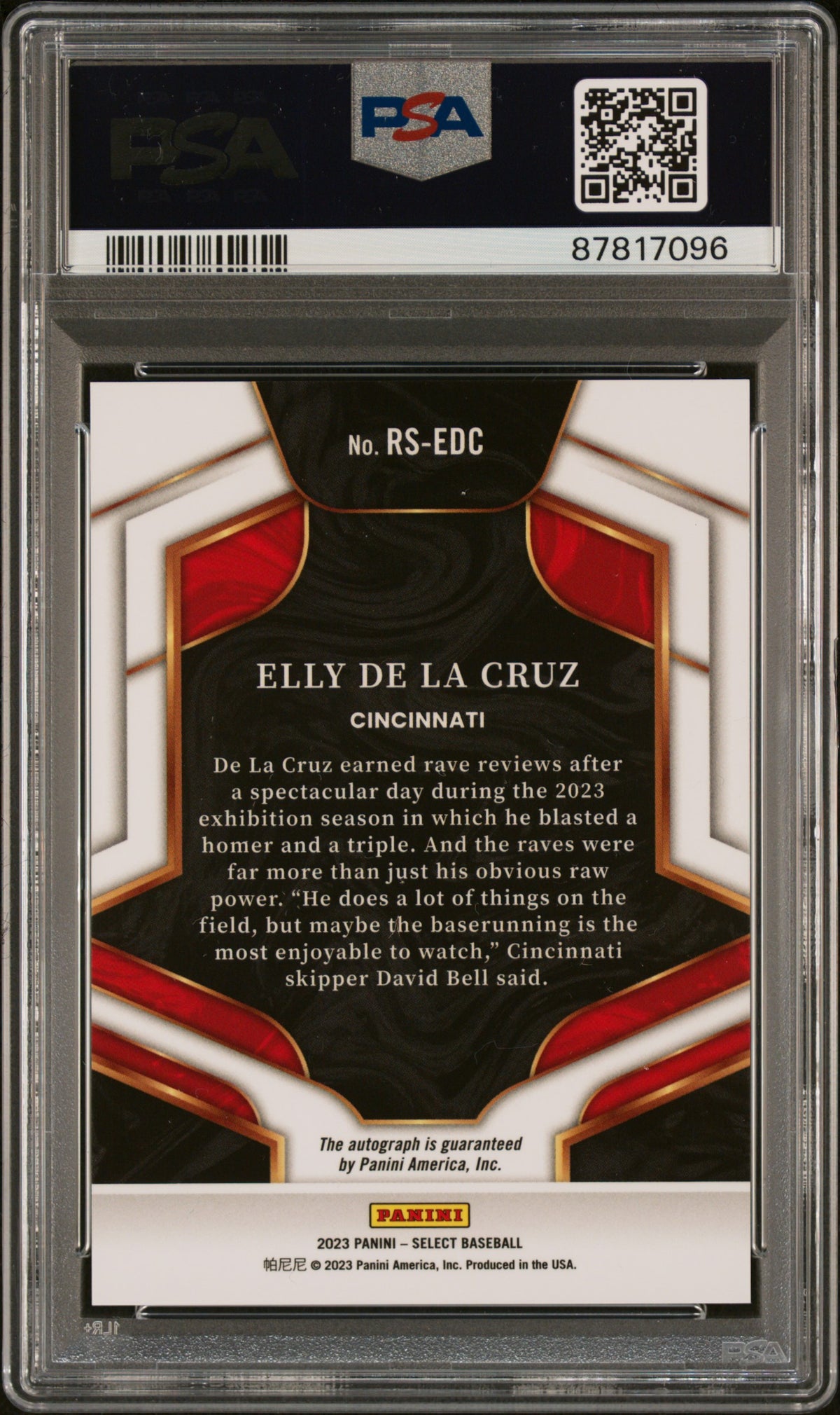 2023 PANINI SELECT ROOKIE SIGNATURE ELLY DE LA CRUZ #RSEDC PSA 10/GEM MT 10 - Back