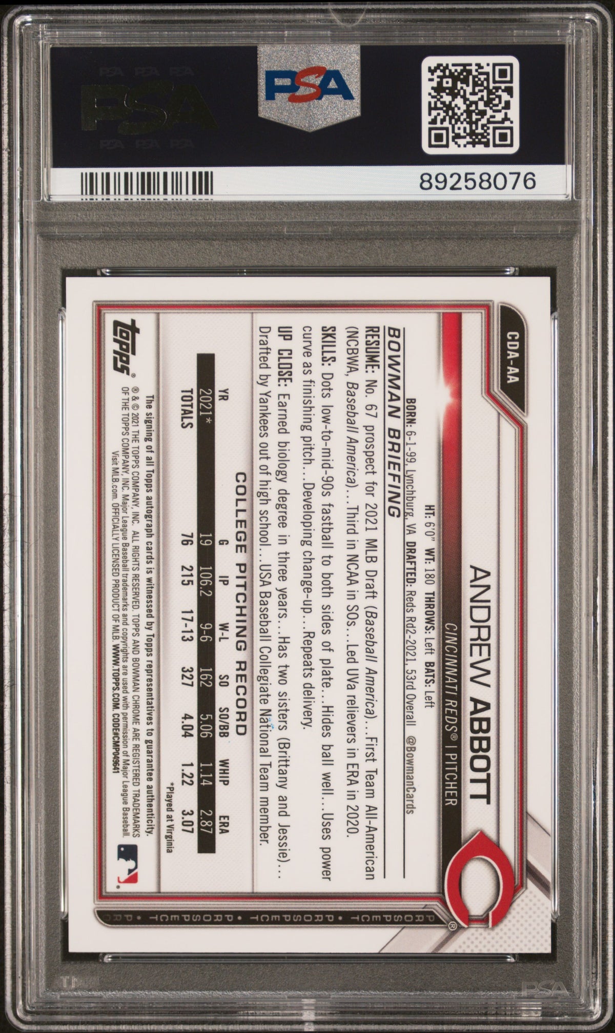 2021 BOWMAN DRAFT CHROME DRAFT PICK AUTOGRAPHS ANDREW ABBOTT CHROME DP AUTO-PURPLE REF. #CDAAA PSA 10 - Back
