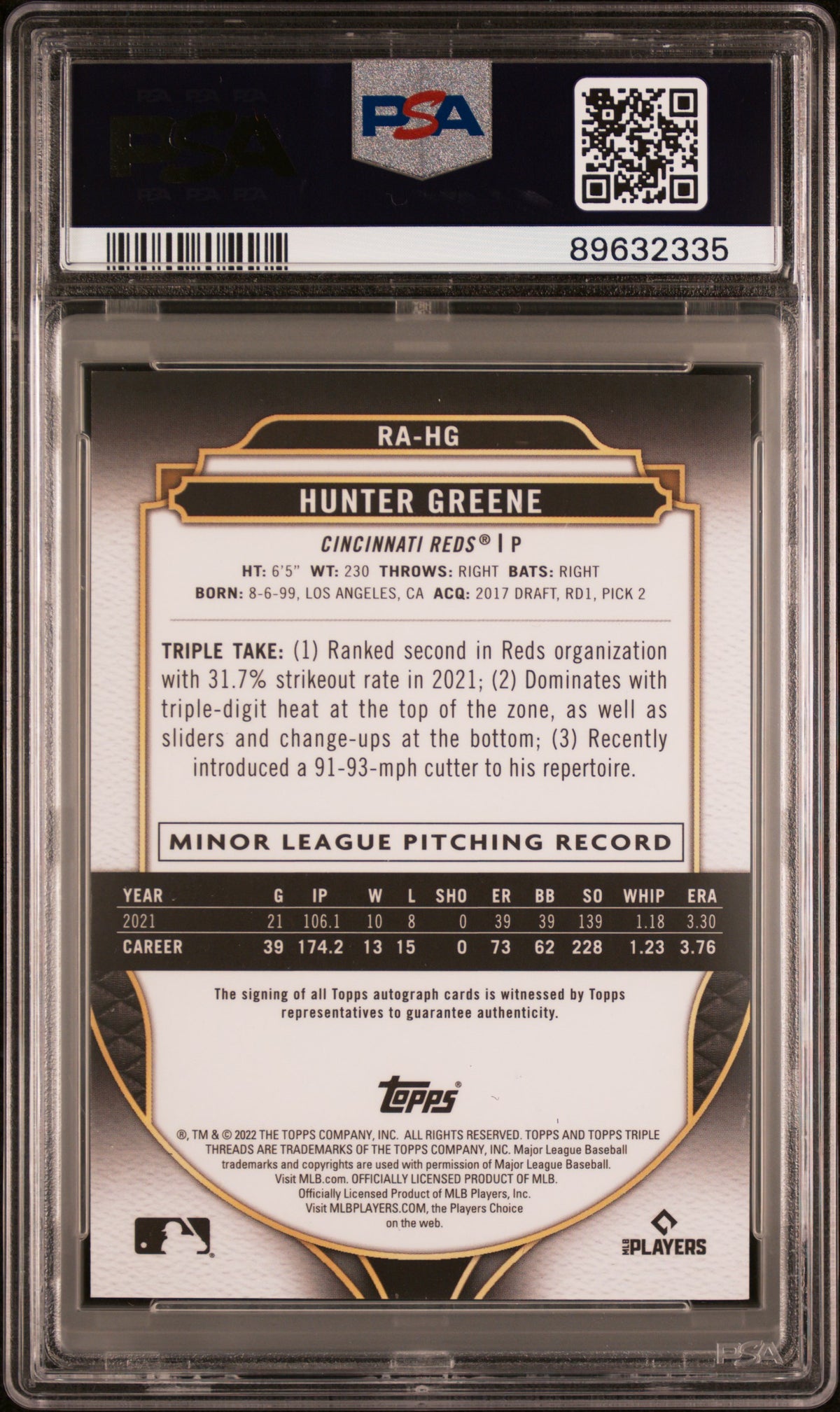 2022 TOPPS TRIPLE THREADS ROOKIE AUTOGRAPHS HUNTER GREENE ROOKIE AUTOGRAPHS-GOLD #RAHG PSA 10 - Back