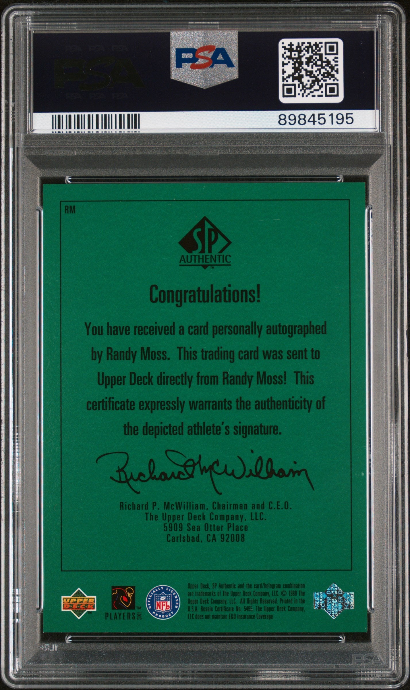 1998 SP AUTHENTIC PLAYER'S INK RANDY MOSS PLAYER'S INK #RM PSA 9 - Back