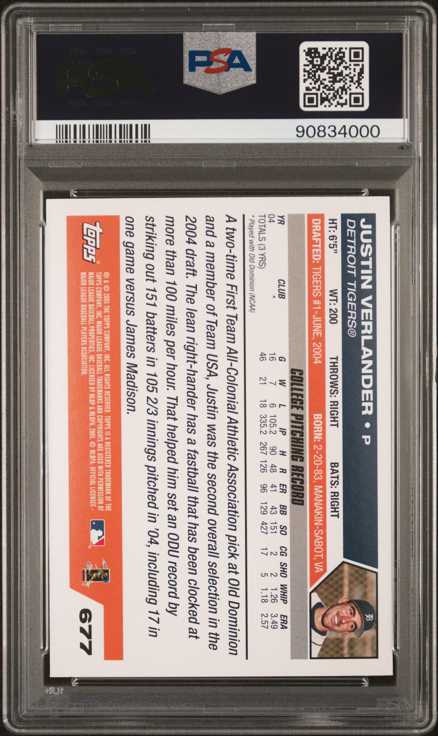 2005 TOPPS JUSTIN VERLANDER #677 PSA 10 - Back