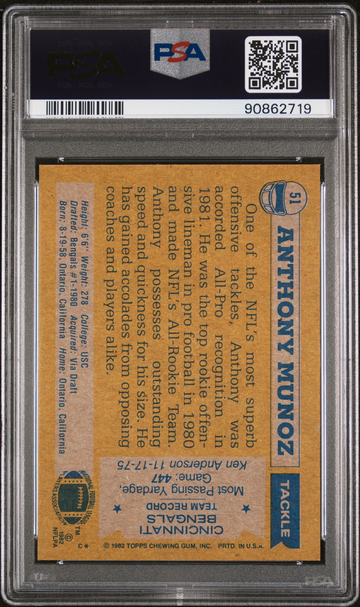 1982 TOPPS ANTHONY MUNOZ ALL-PRO #51 PSA 8/GEM MT 10 - Back