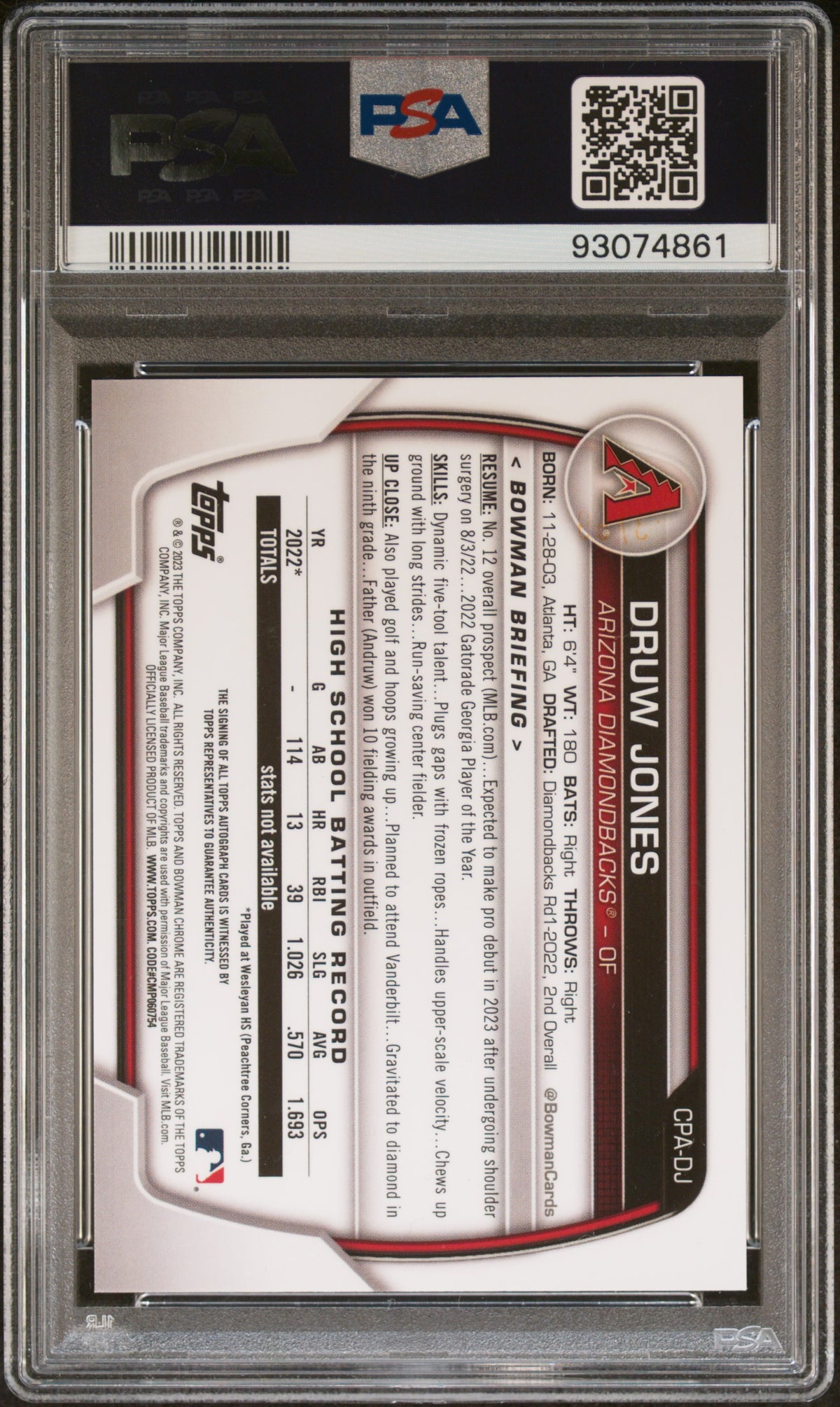 2023 BOWMAN CHROME PROSPECT AUTOGRAPHS DRUW JONES CHR PRSPCT AU-GREEN #CPADJ PSA 8/GEM MT 10 - Back