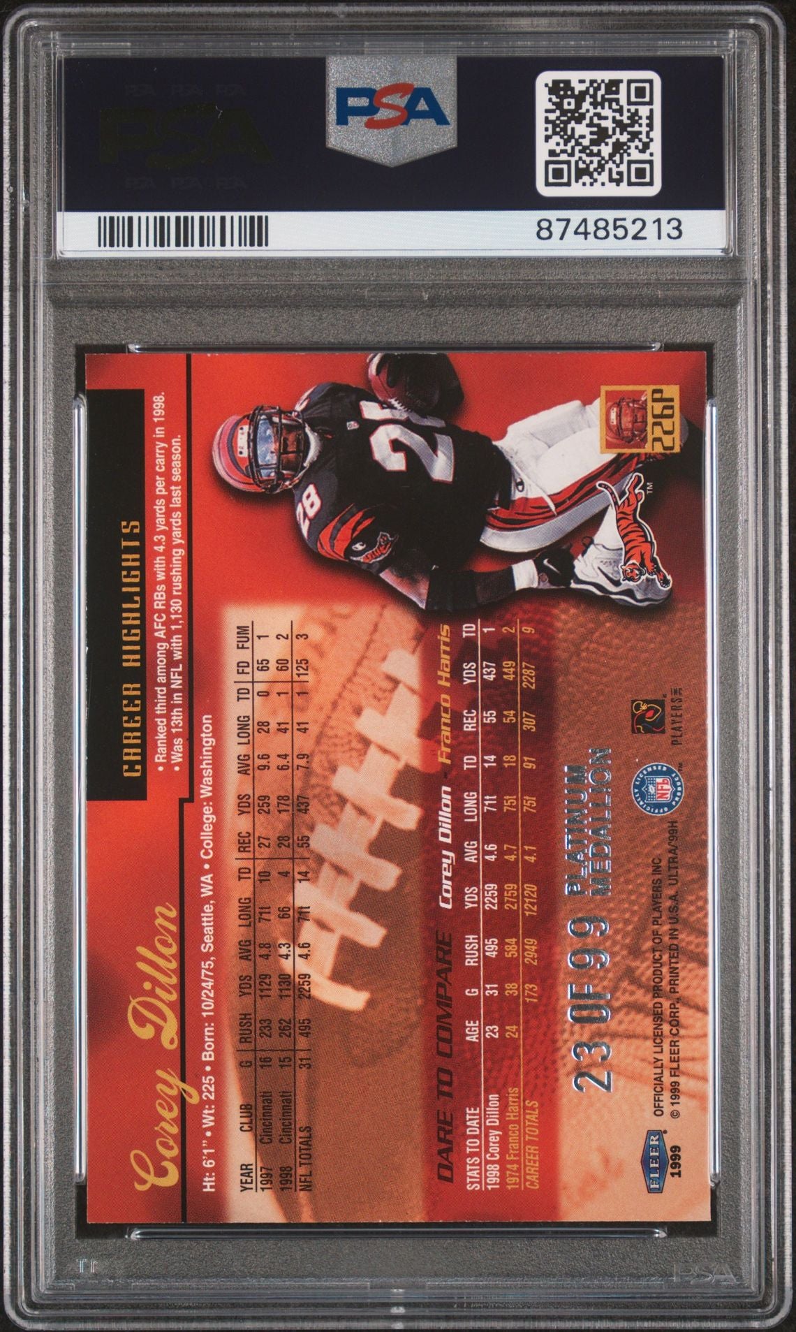 1999 Ultra Corey Dillon Platinum Medallion #226P PSA 8