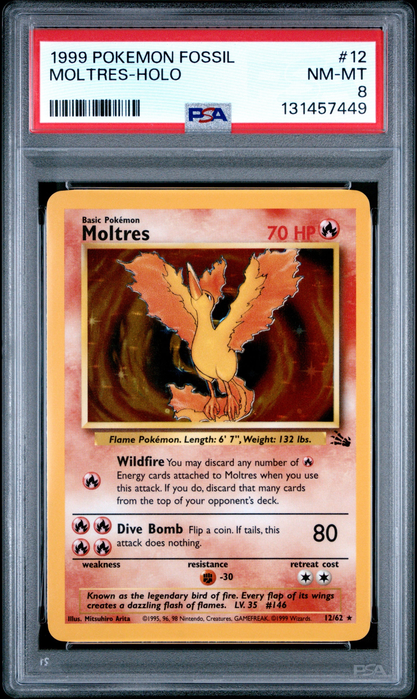 1999 Pokemon Fossil Moltres-Holo PSA 8