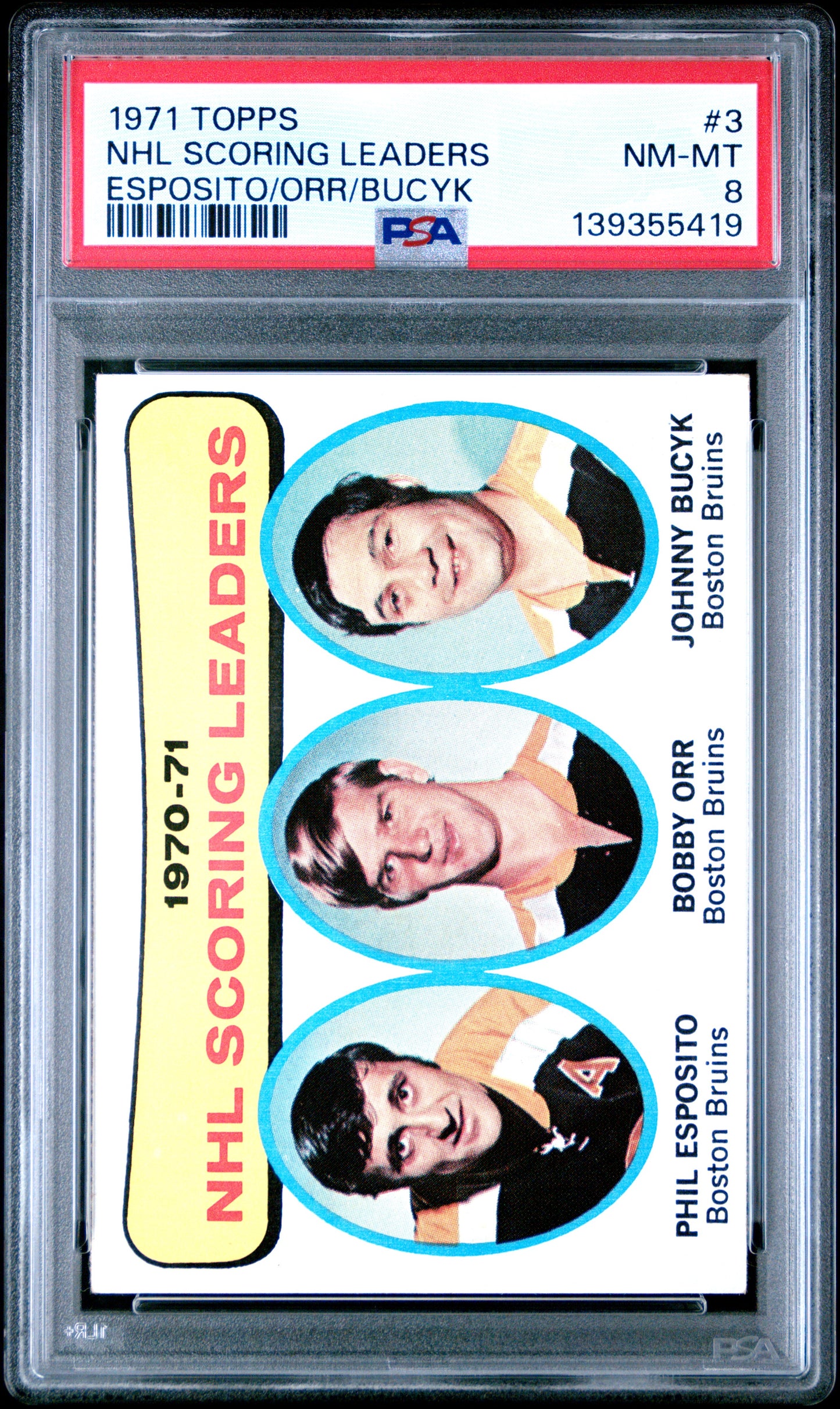 1971 Topps #3 NHL Scoring Leaders Esposito/Orr/Bucyk PSA 8
