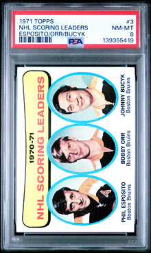 1971 Topps #3 NHL Scoring Leaders Esposito/Orr/Bucyk PSA 8